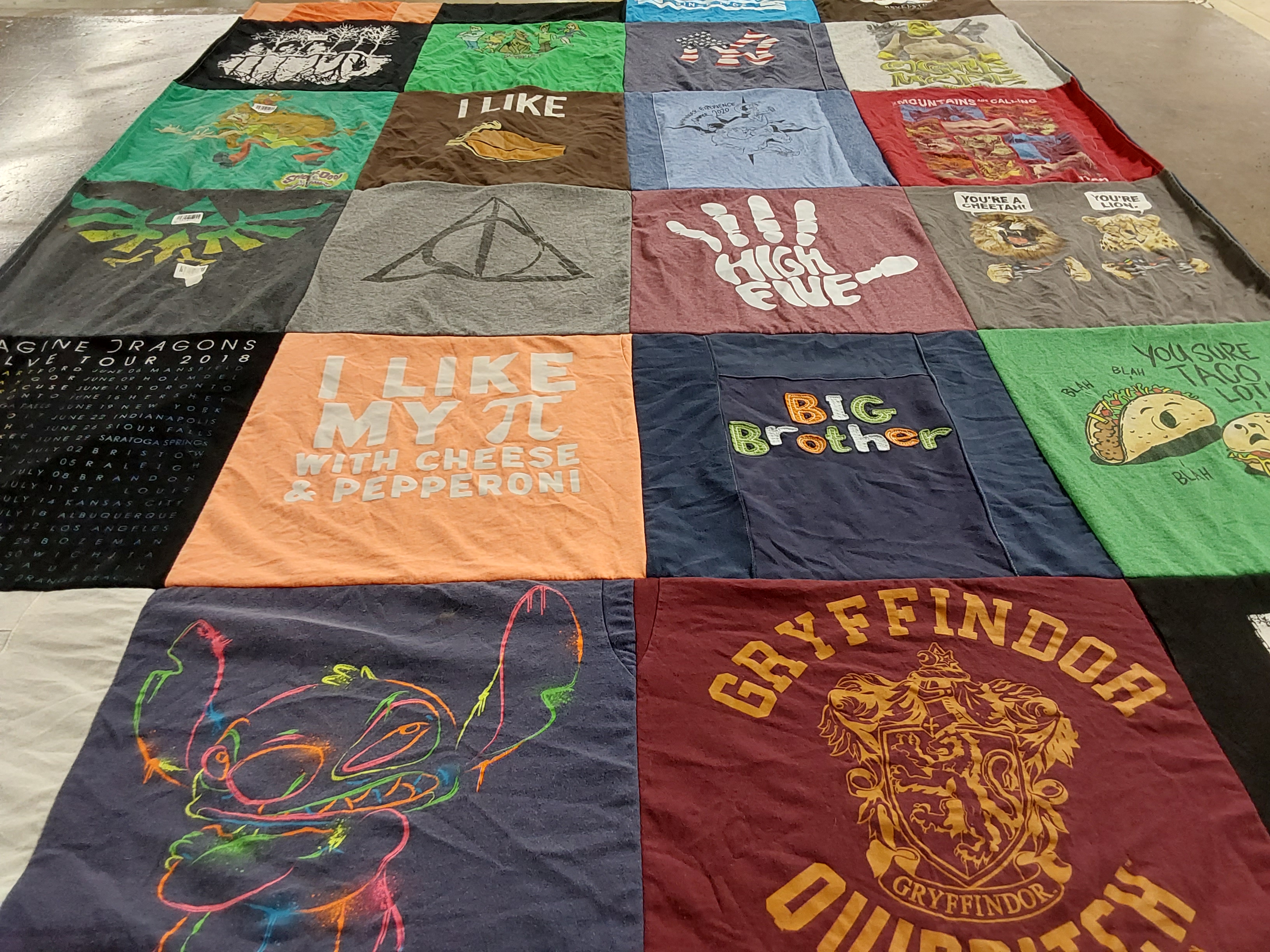 T-shirt quilt with music, gaming themes by Jen from CT