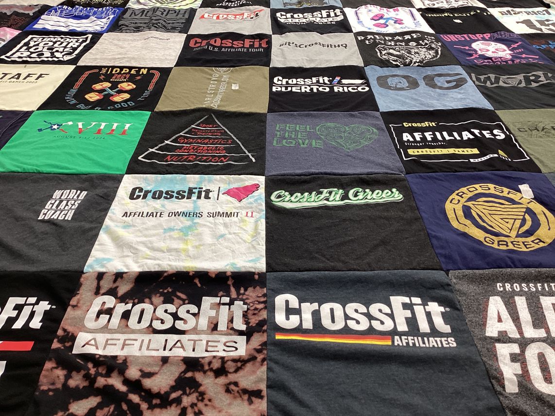 T-shirt quilt with fitness, crossfit themes by Jennifer from SC