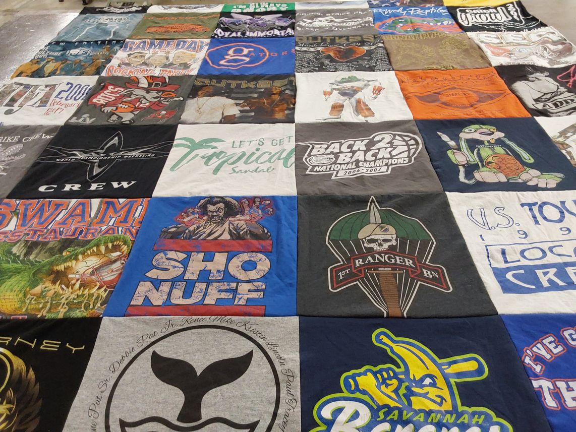 T-shirt quilt with sports, restaurants themes by Tracey from FL