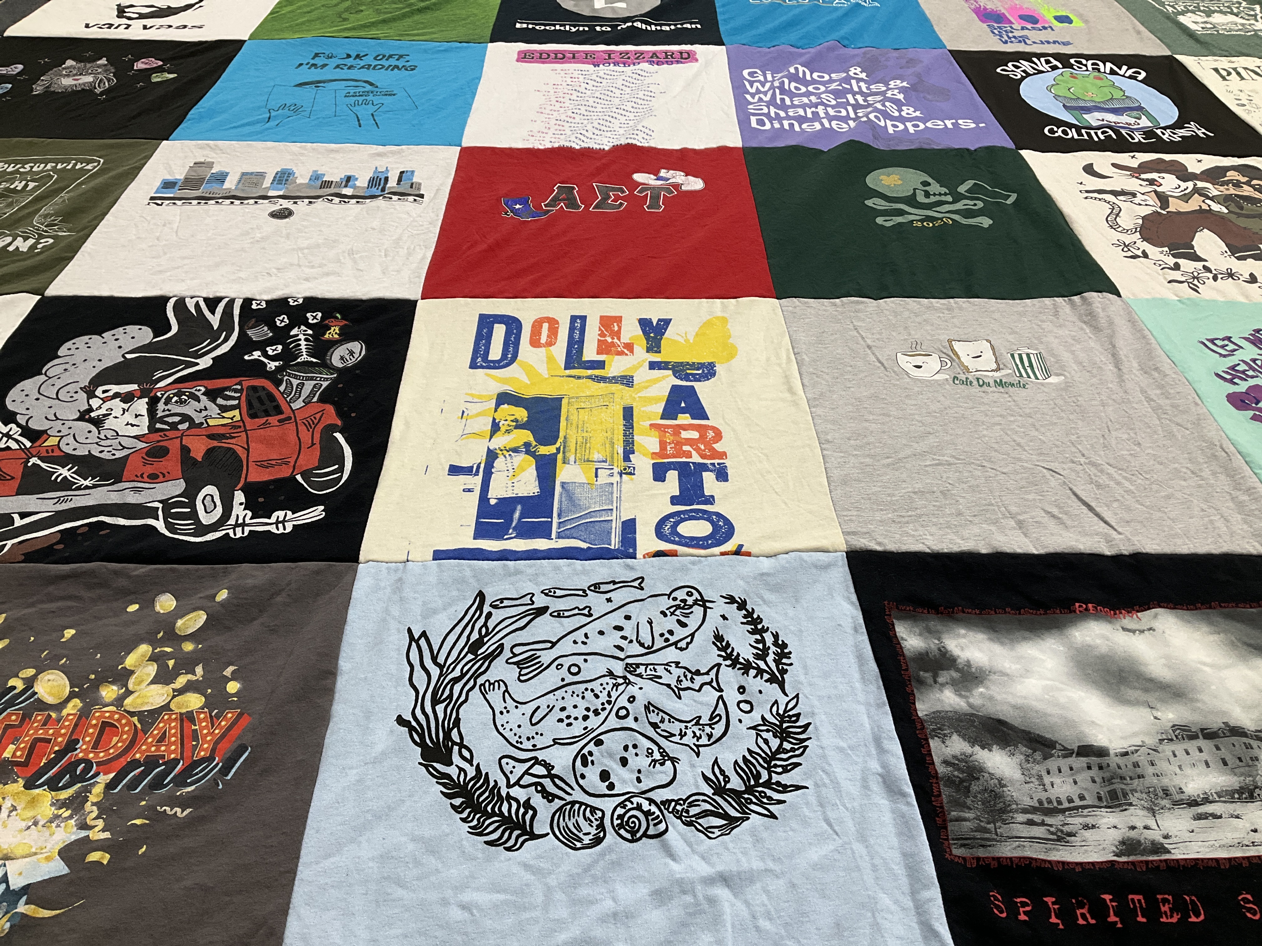 T-shirt quilt with reading, art themes by Lauren from TX