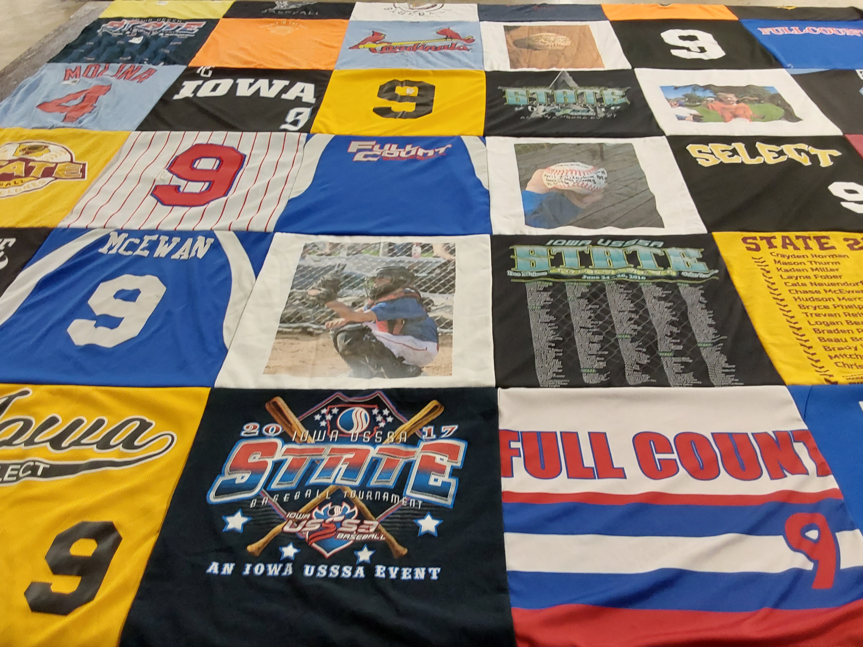 T-shirt quilt with baseball themes by Tiffany from IA