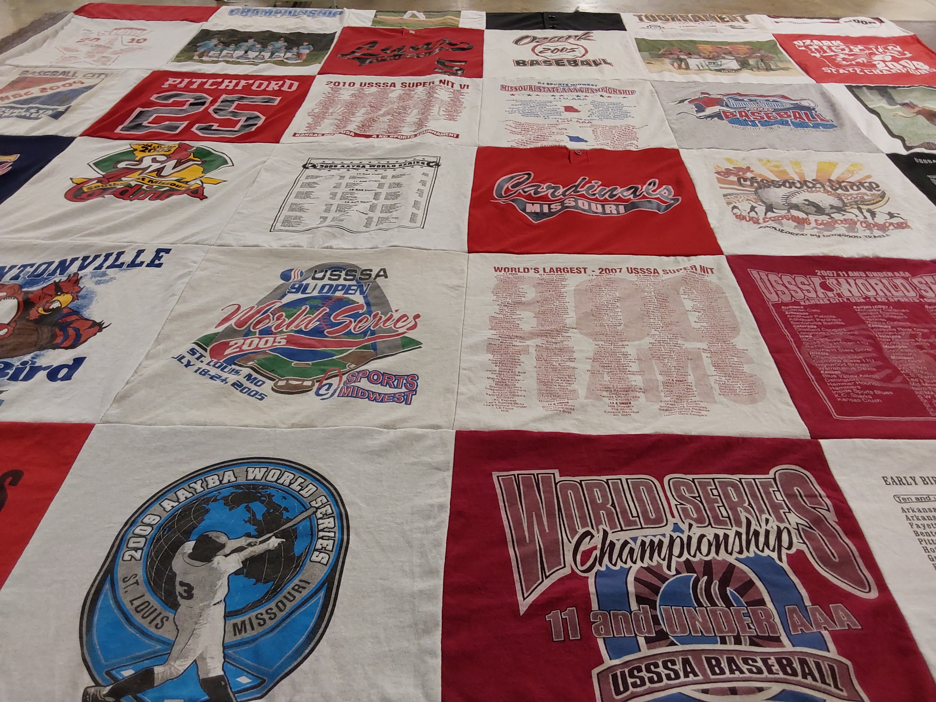 T-shirt quilt with baseball, sports themes by Burt from MO