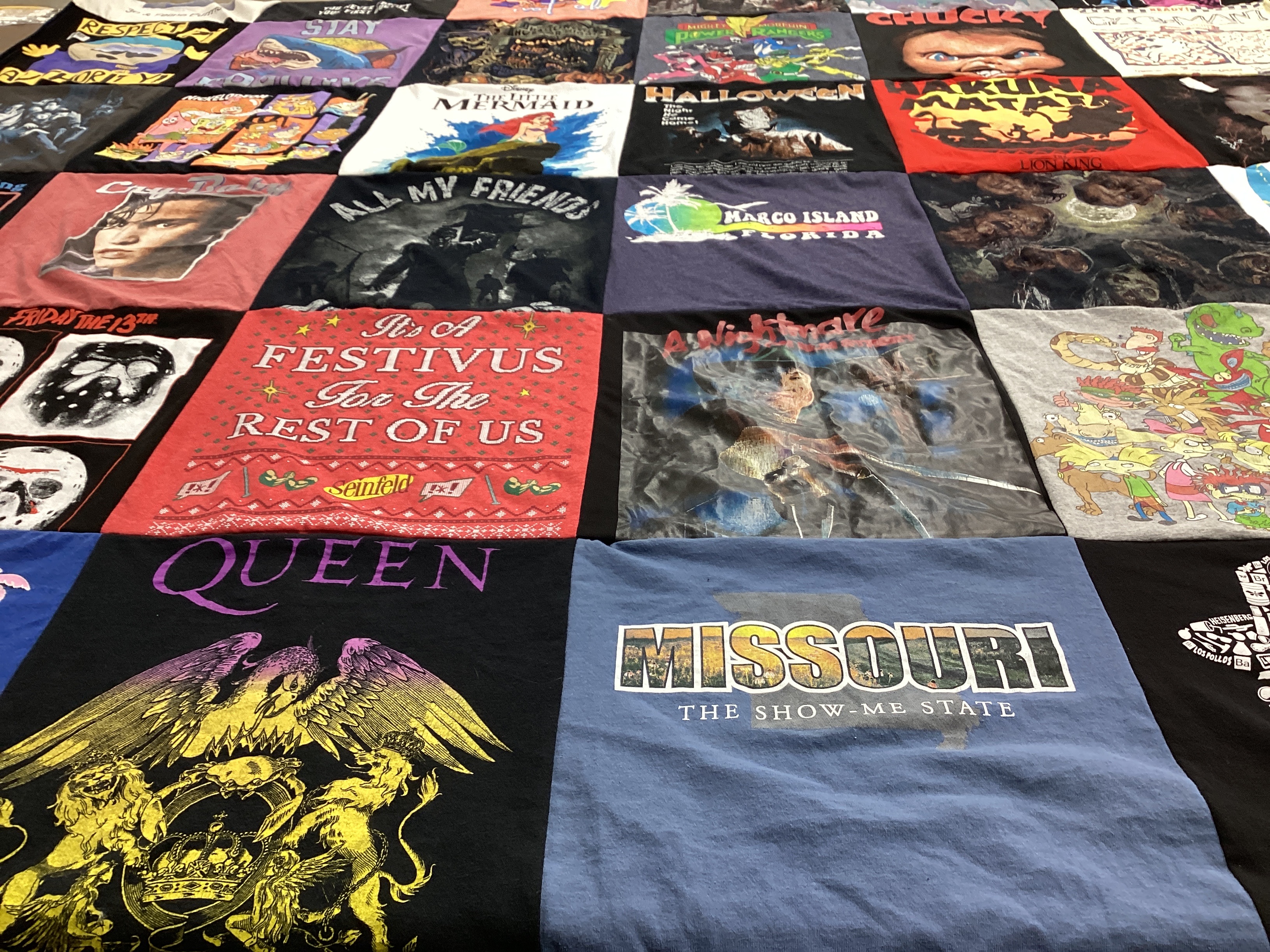 T-shirt quilt with movies, music themes by Rosaliz from FL