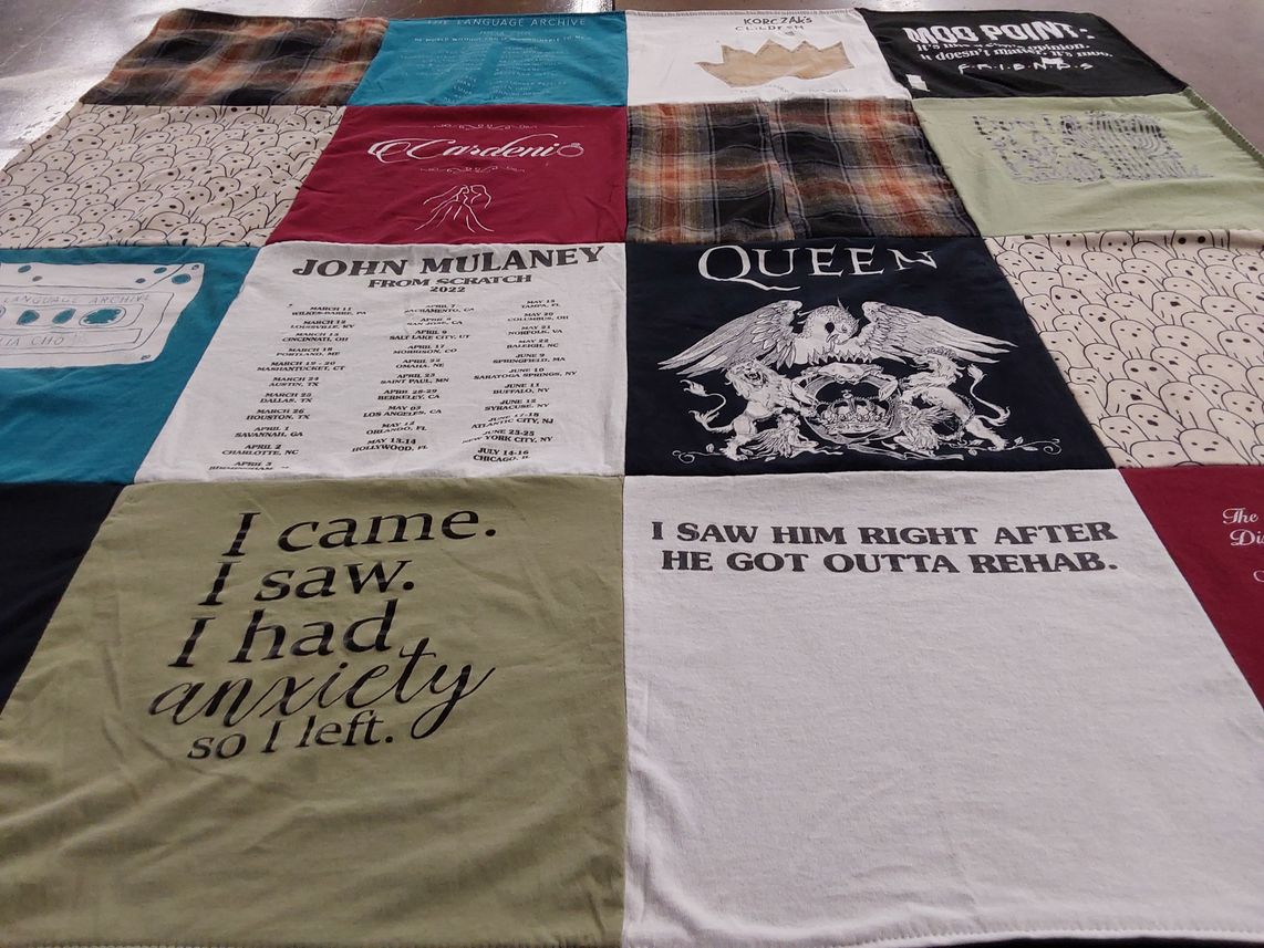 T-shirt quilt with comedy, music themes by Channing from TX