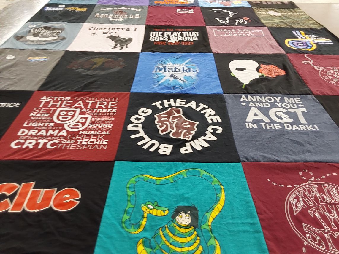 T-shirt quilt with theatre, performing arts themes by Helen from TX