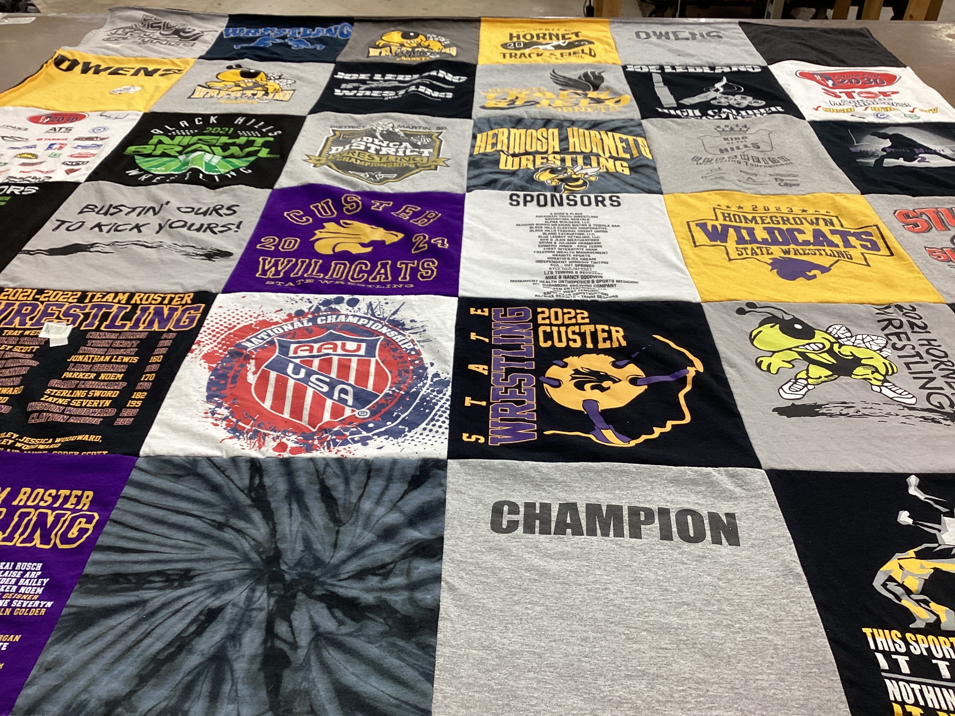 T-shirt quilt featuring custer wildcats, hermosa hornets by Sarah from SD