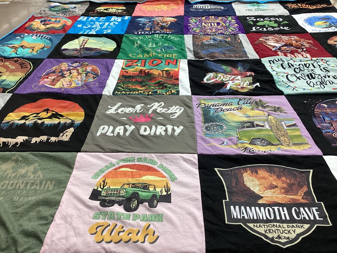 T-shirt quilt with outdoor activities, travel themes by Stacie from FL