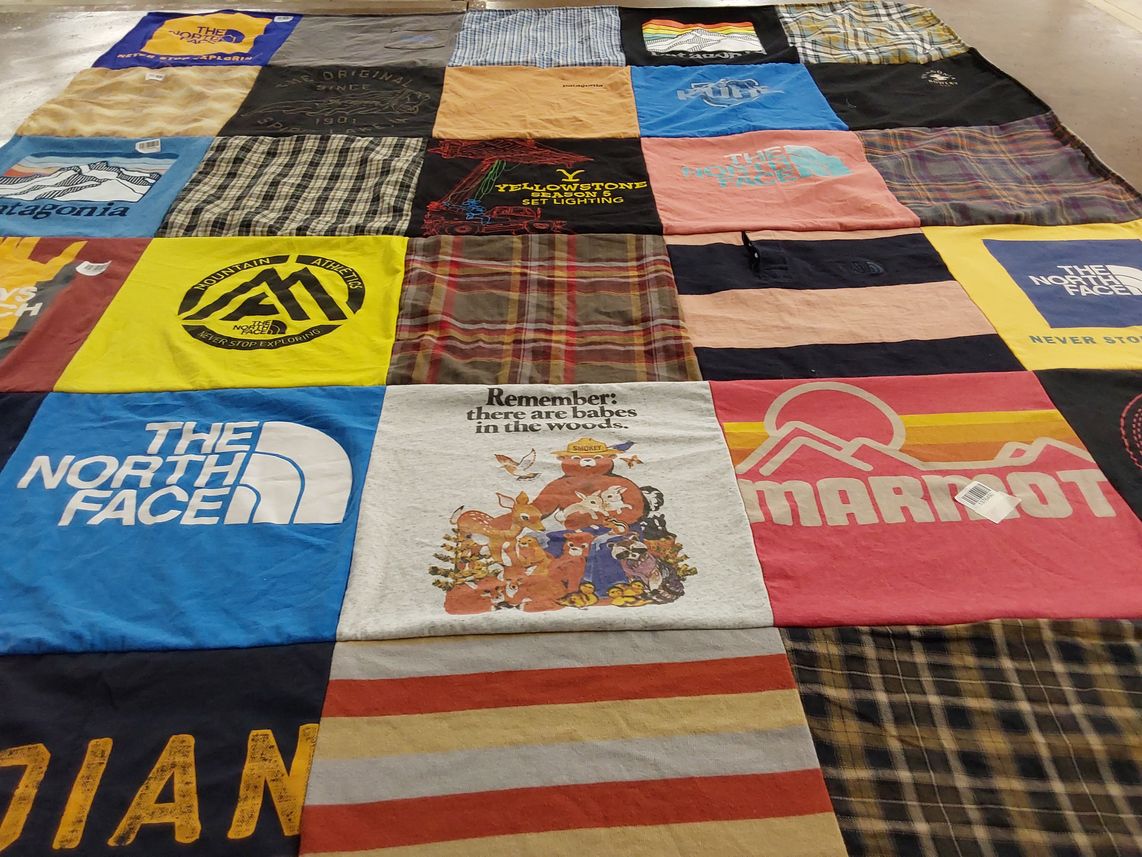 T-shirt quilt with outdoor, exploration themes by Gregg from UT