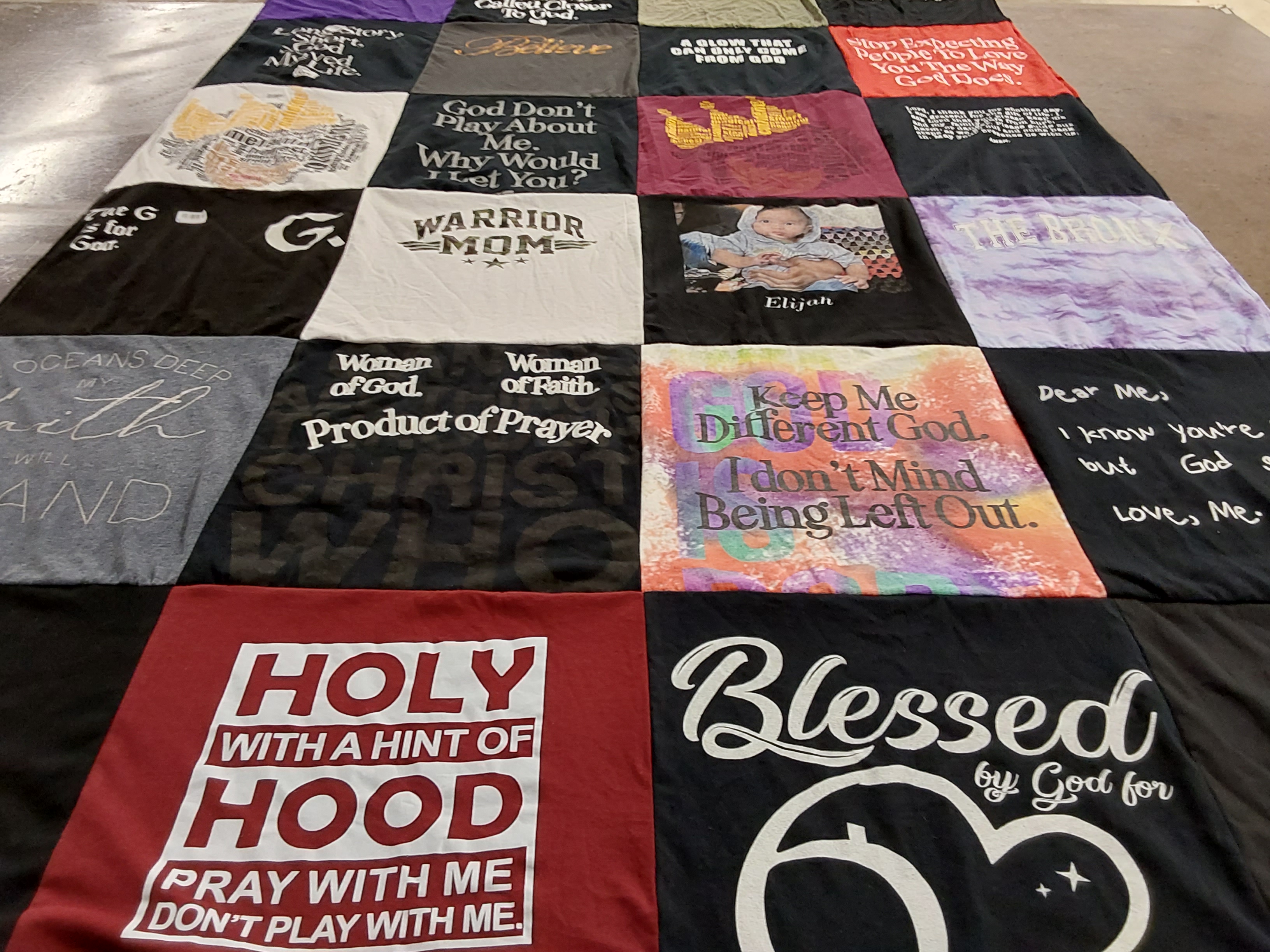T-shirt quilt with faith, prayer themes by Grisel from FL