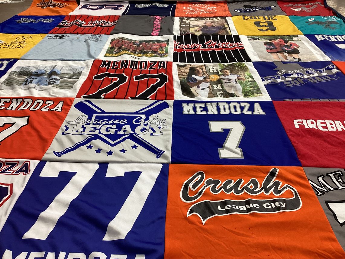 T-shirt quilt with softball, sports themes by Adrienne from TX