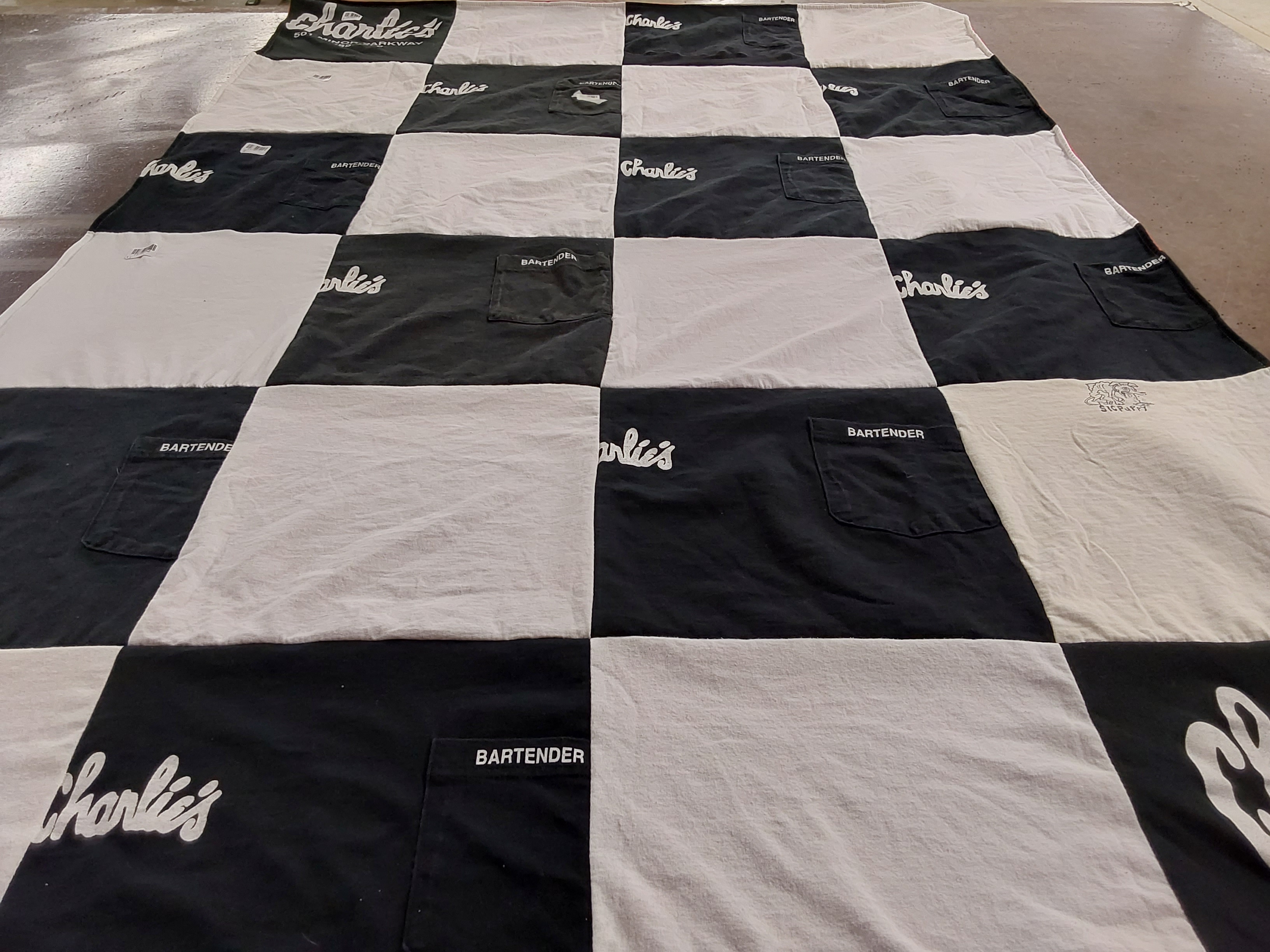 T-shirt quilt with bartending themes by Jennifer from AL