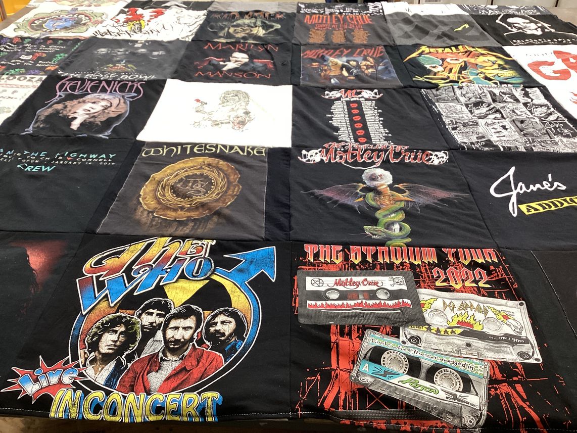 T-shirt quilt with rock music, concerts themes by Mary from CA