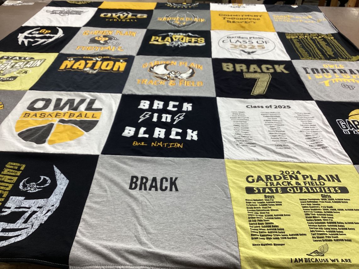 T-shirt quilt featuring garden plain high school girls track and field, garden plain high school boys track and field by Kelsey from KS