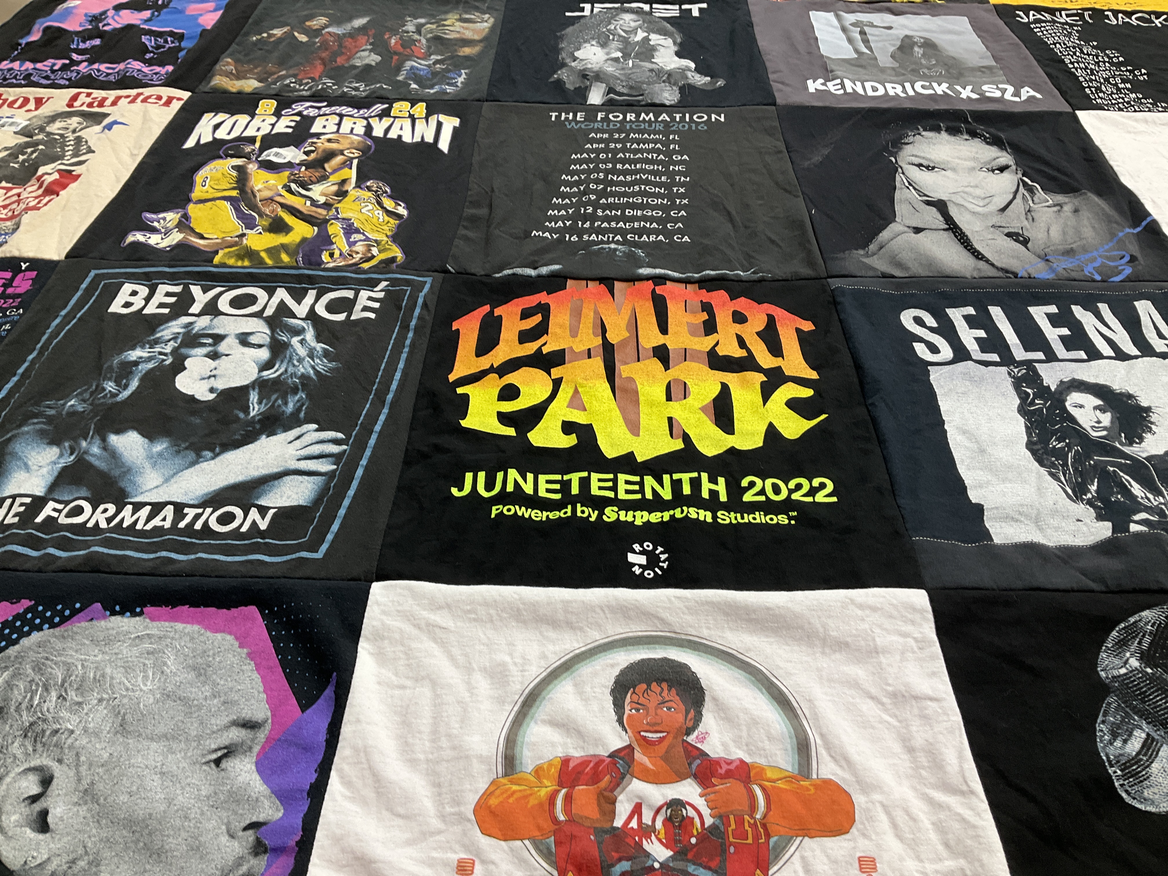 T-shirt quilt with music, sports themes by Rochelle from CA