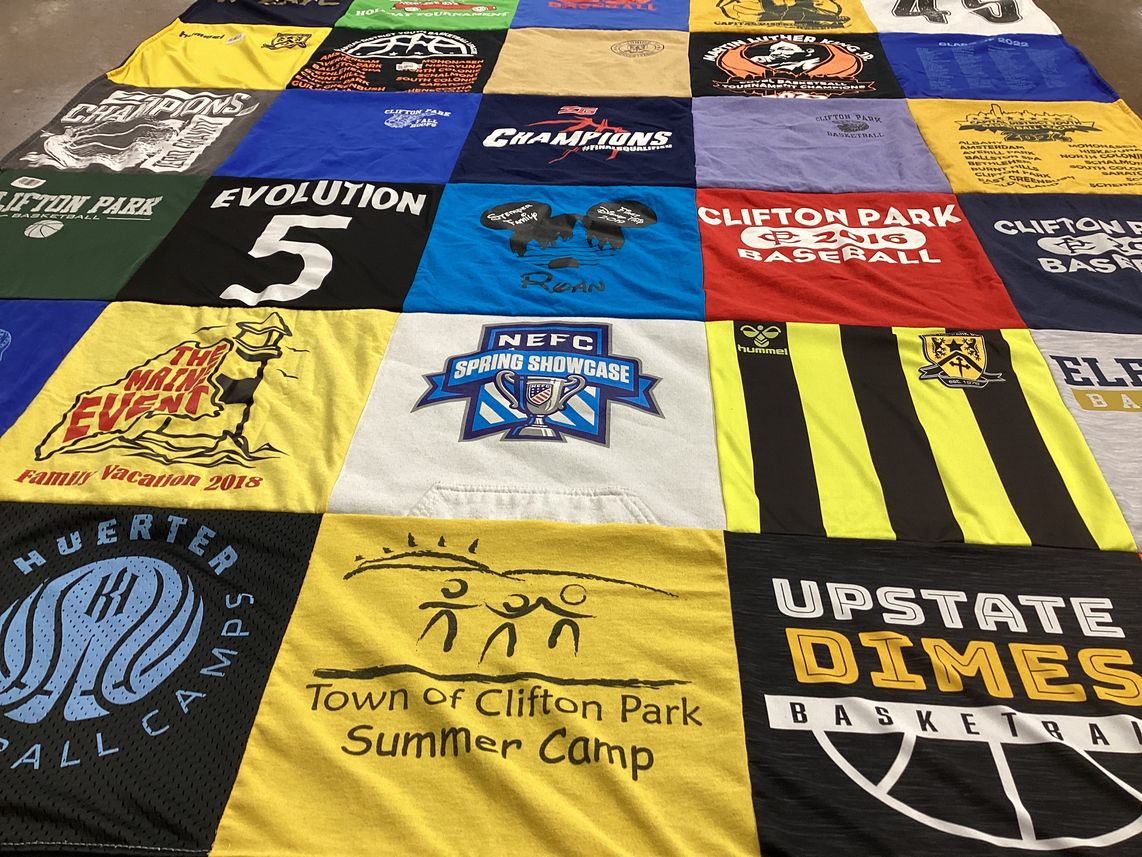 T-shirt quilt with sports, basketball themes by Erin from NY