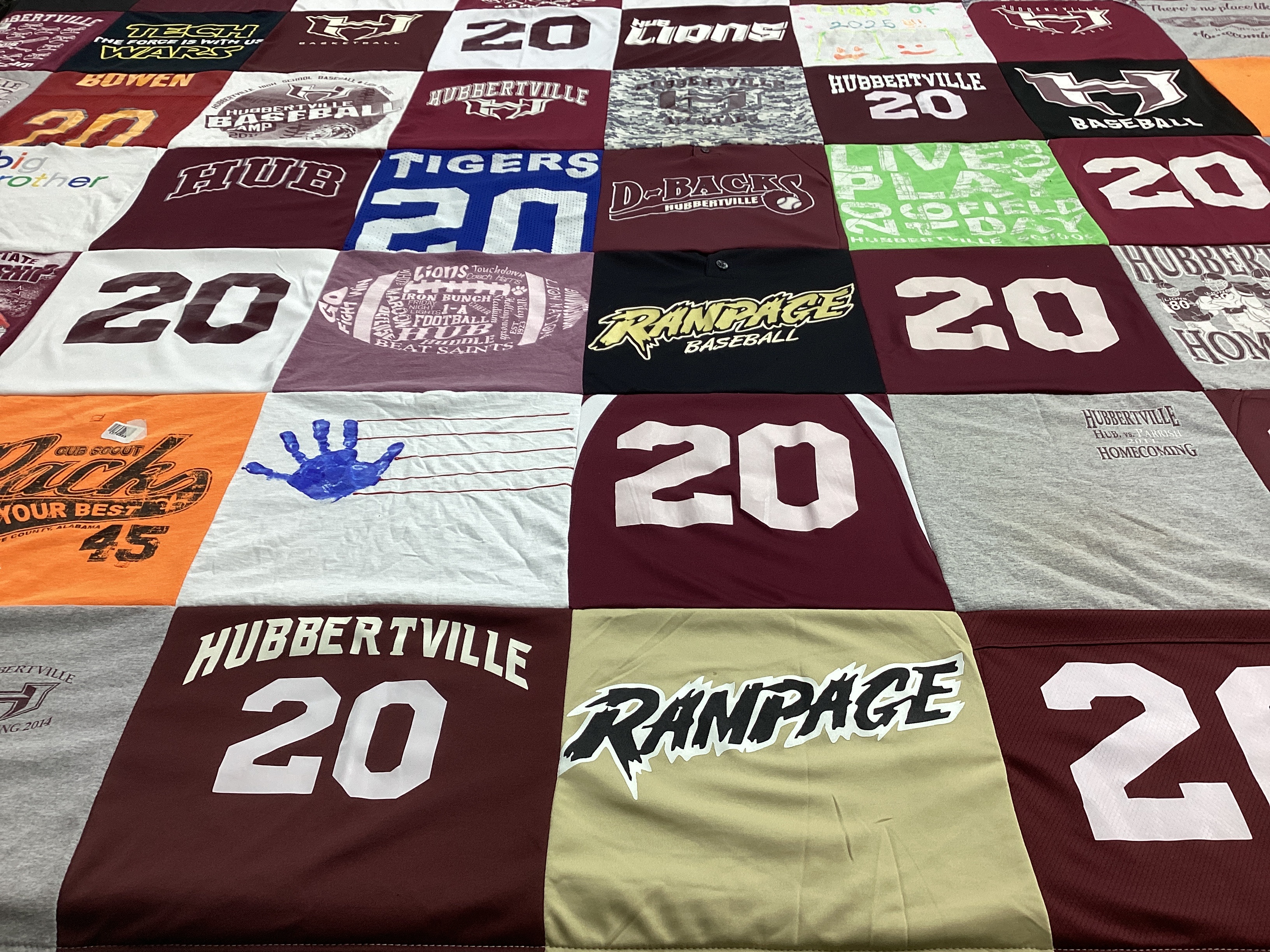 T-shirt quilt featuring hubbertville tigers, rampage baseball by Ginger from AL