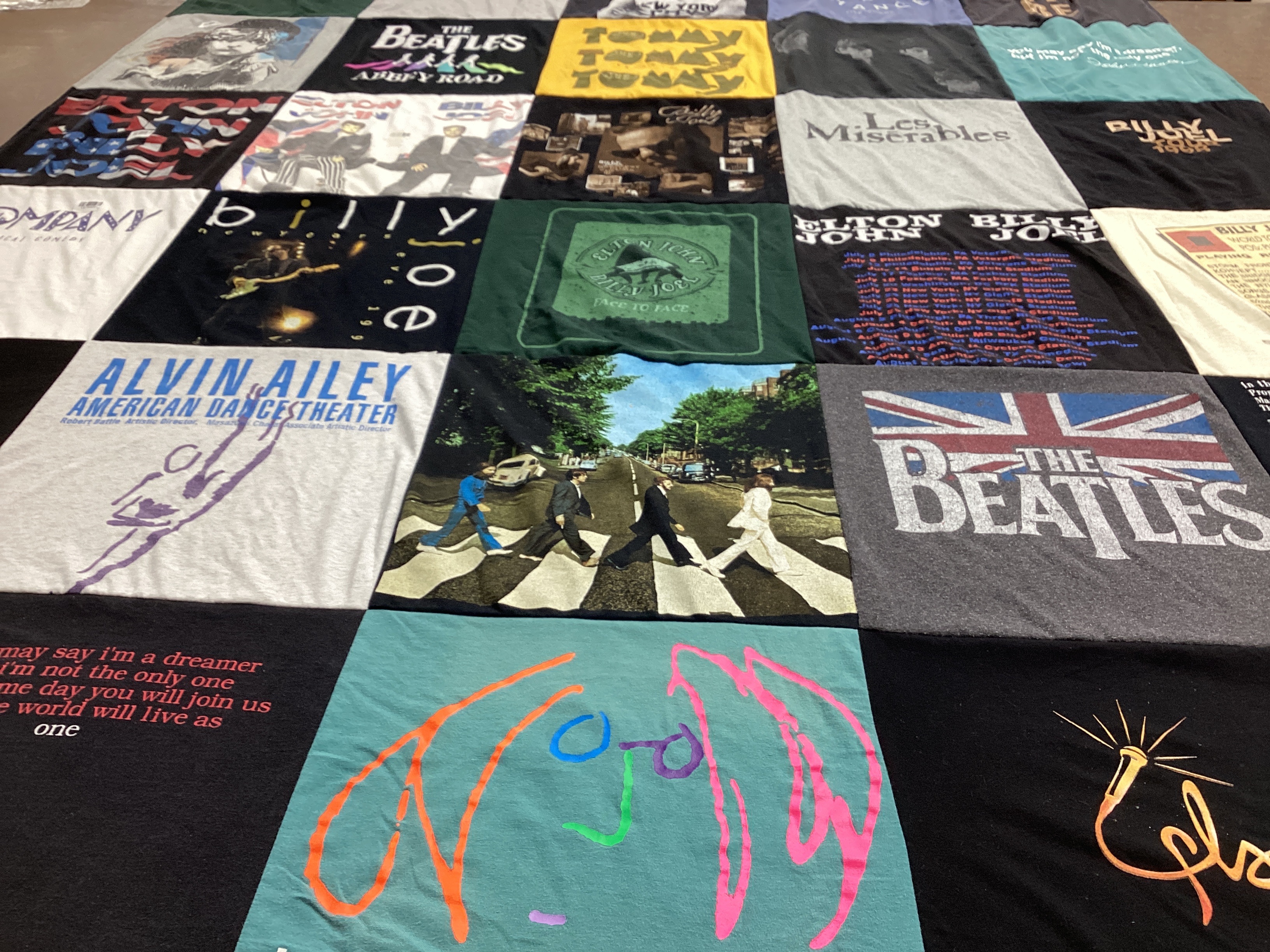 T-shirt quilt with music, theater themes by Lynn from NY