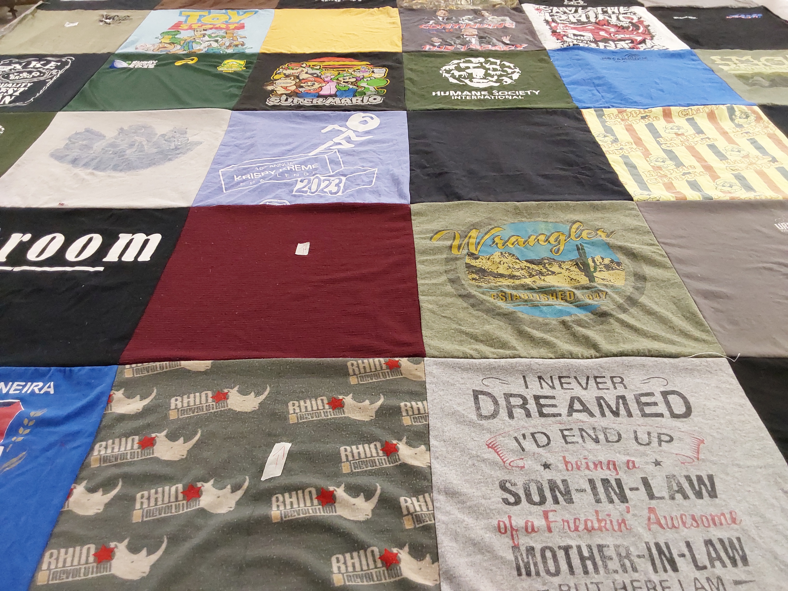 T-shirt quilt with animals, gaming themes by Rachel from NC
