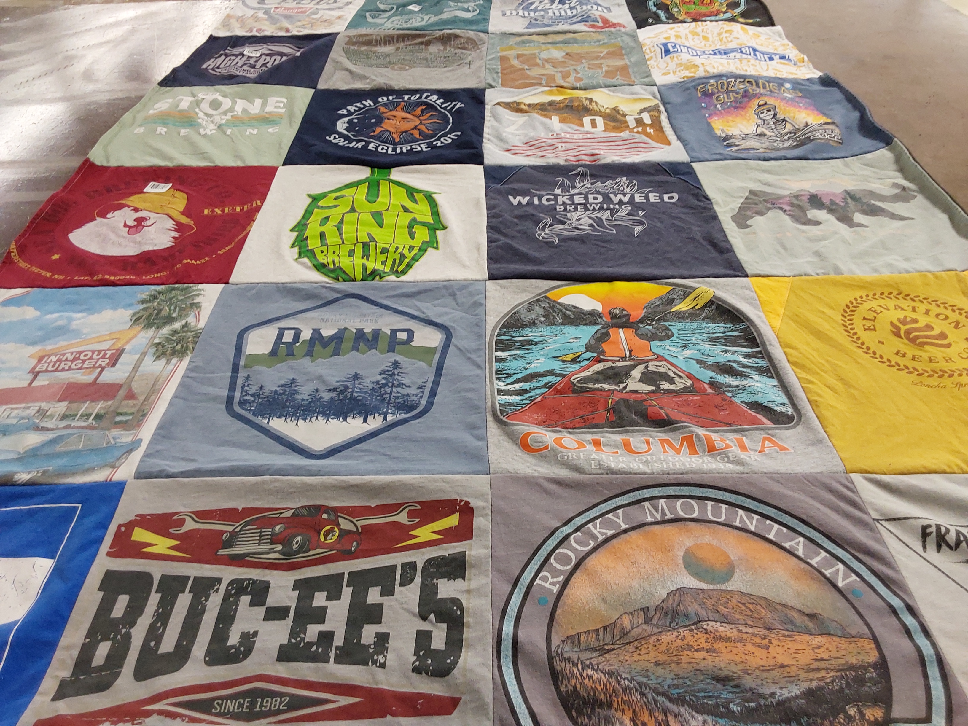 T-shirt quilt with craft beer, outdoor activities themes by Andrew from CO