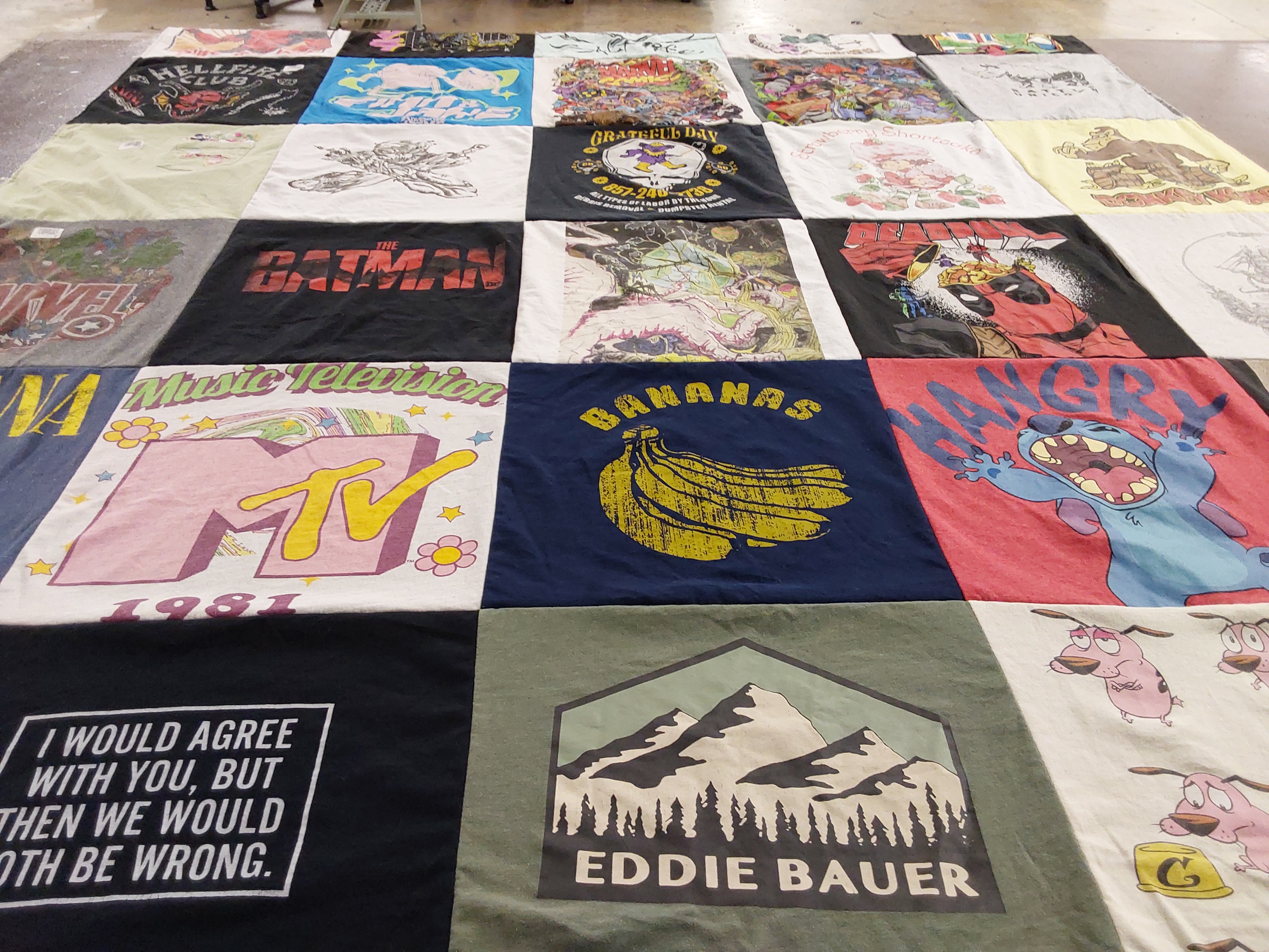 T-shirt quilt with pop culture, comics themes by Grace from MA