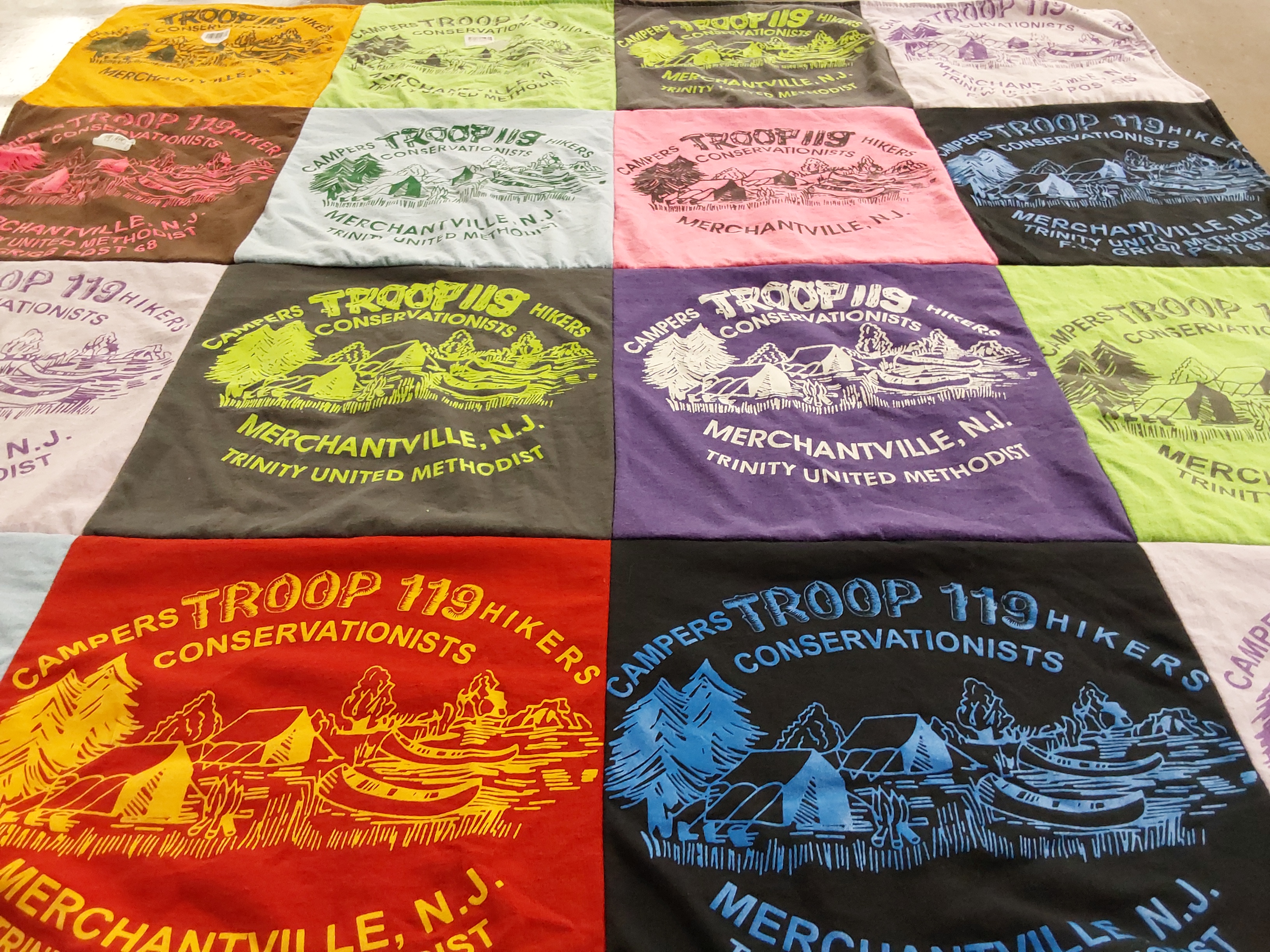 T-shirt quilt with camping, hiking themes by Jennifer from NJ