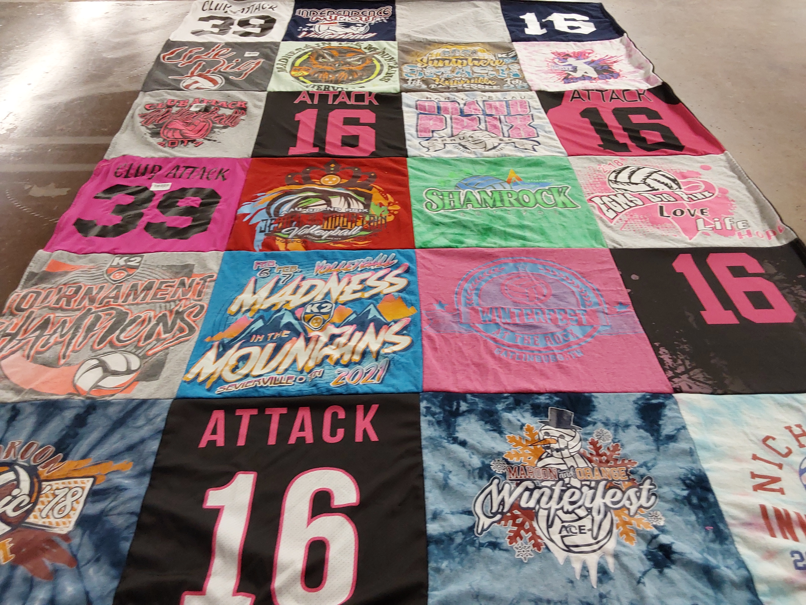T-shirt quilt with sports, volleyball themes by Makenzi from WV