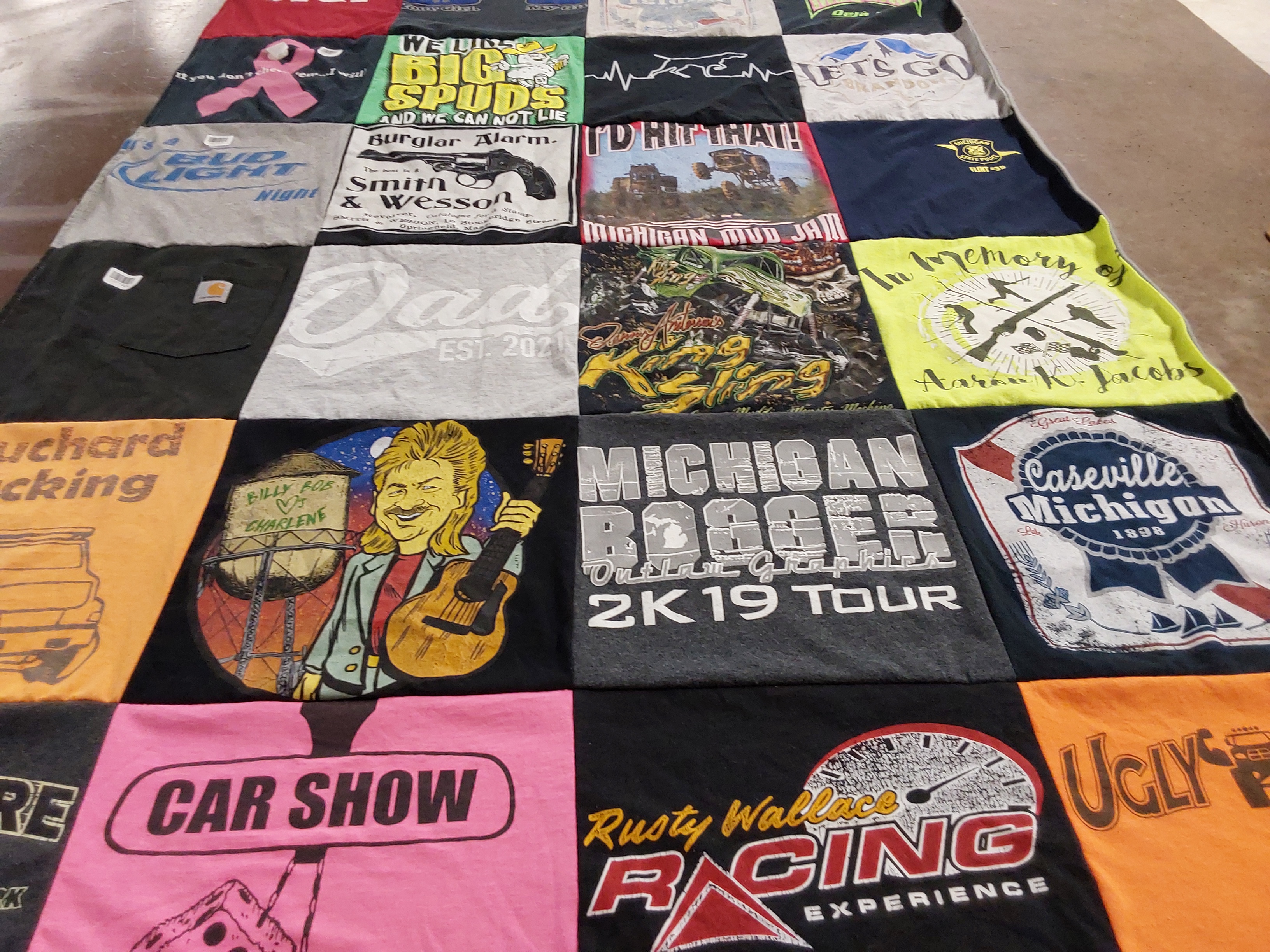 T-shirt quilt with racing, music themes by Cassidy from MI