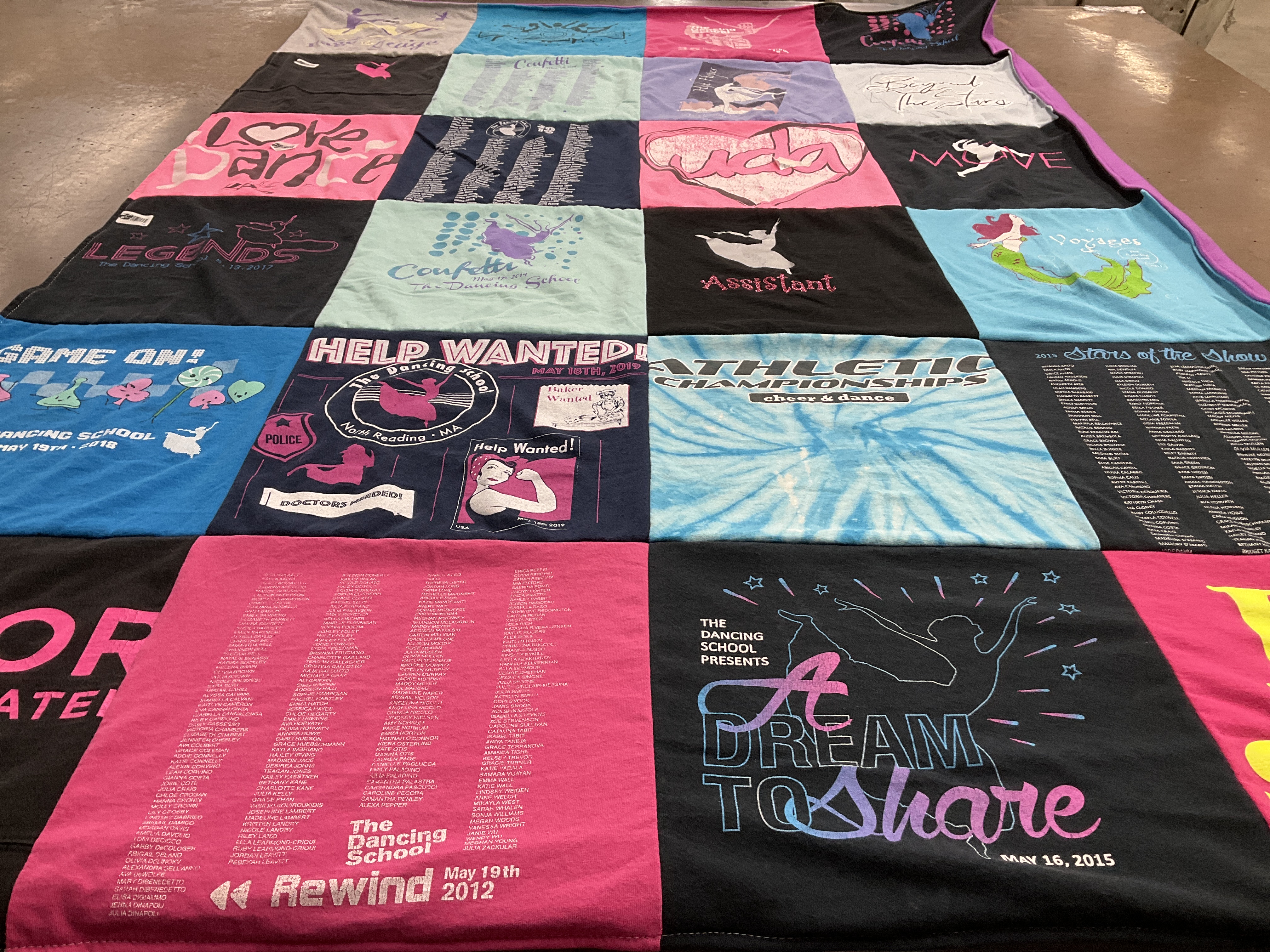 T-shirt quilt with dance, performing arts themes by Jennifer from MA