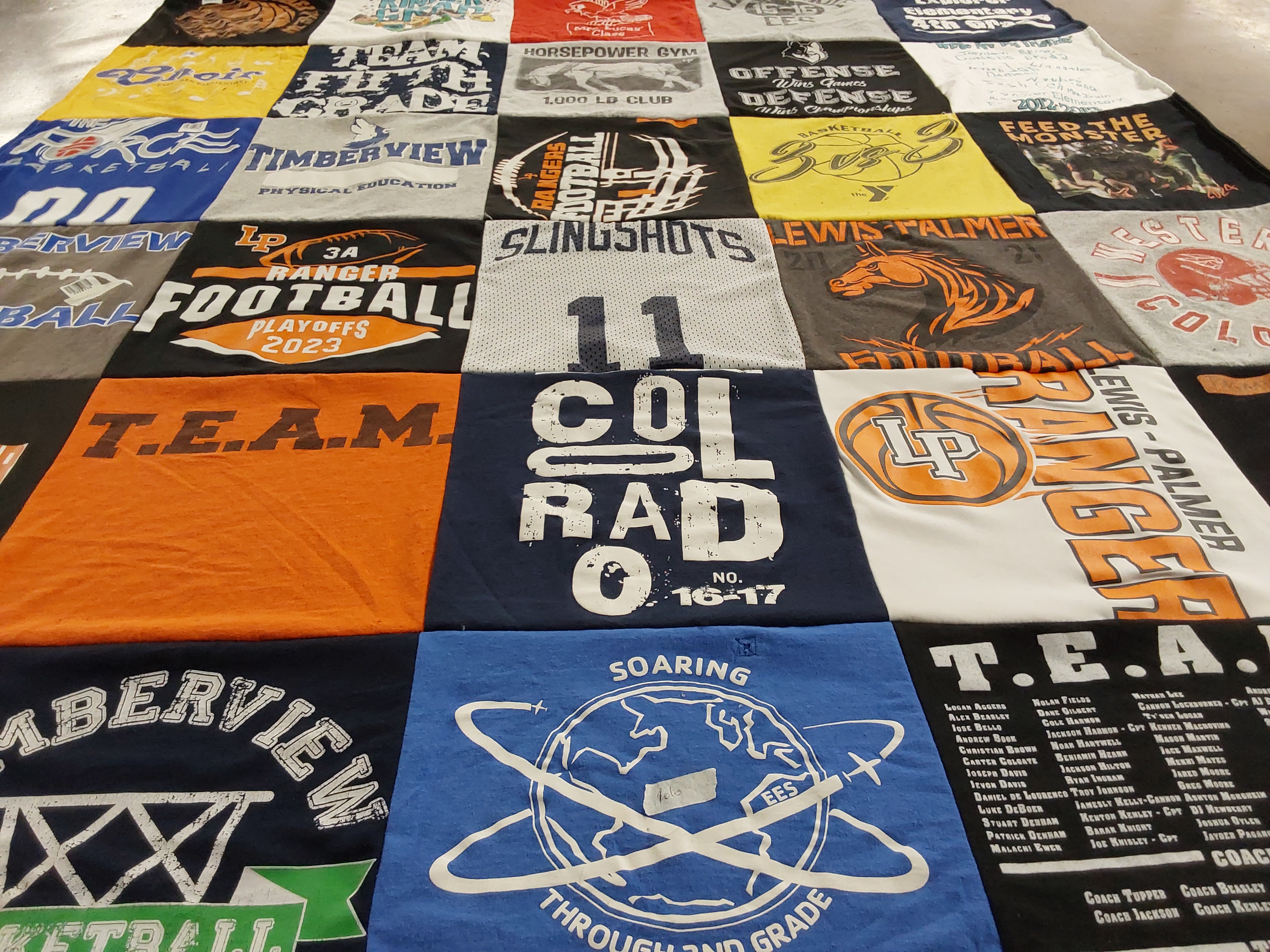 T-shirt quilt featuring lewis palmer rangers football, timberview basketball by Nikki from CO