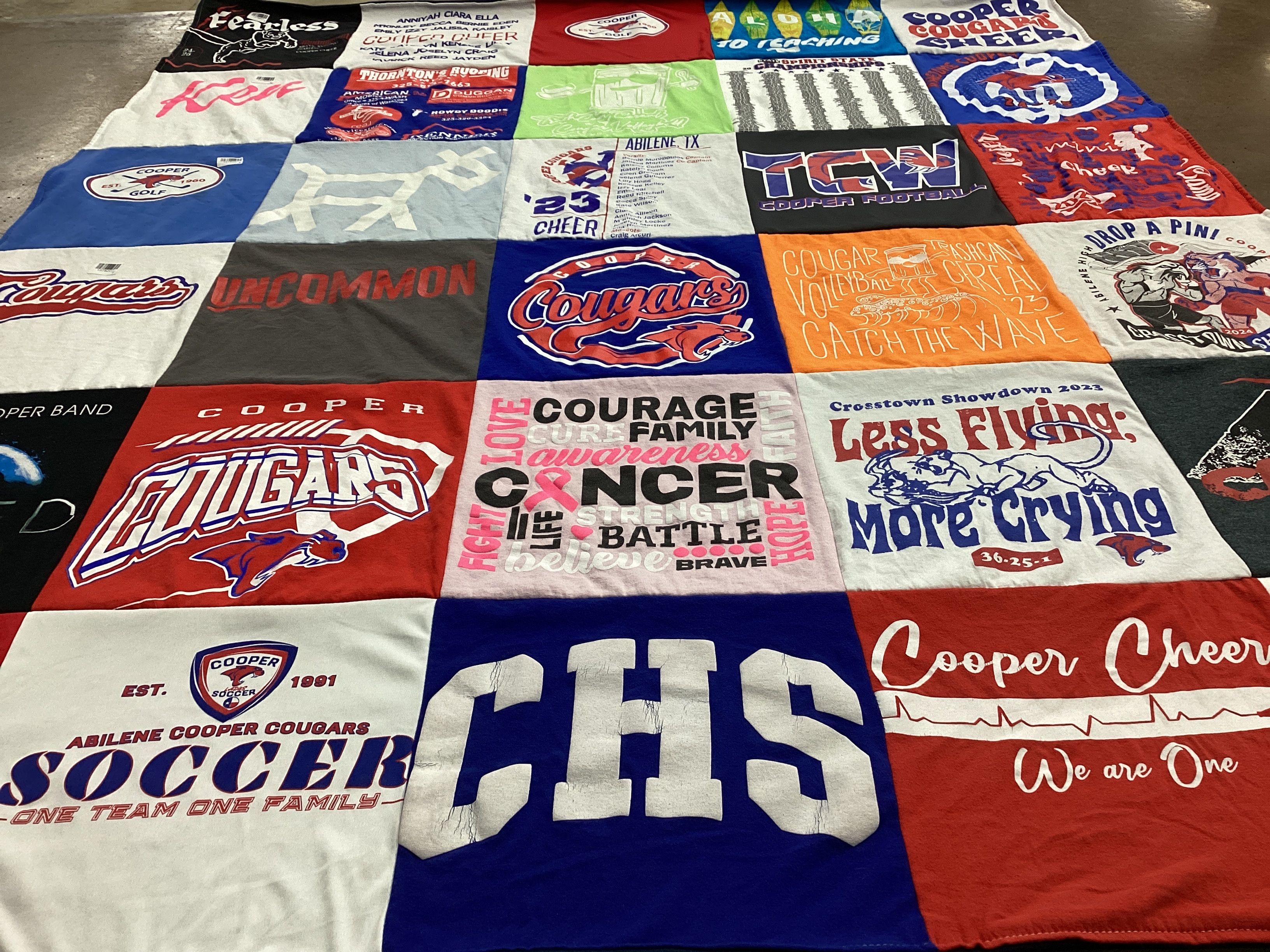 T-shirt quilt featuring abilene cooper cougars by Lynlee from TX