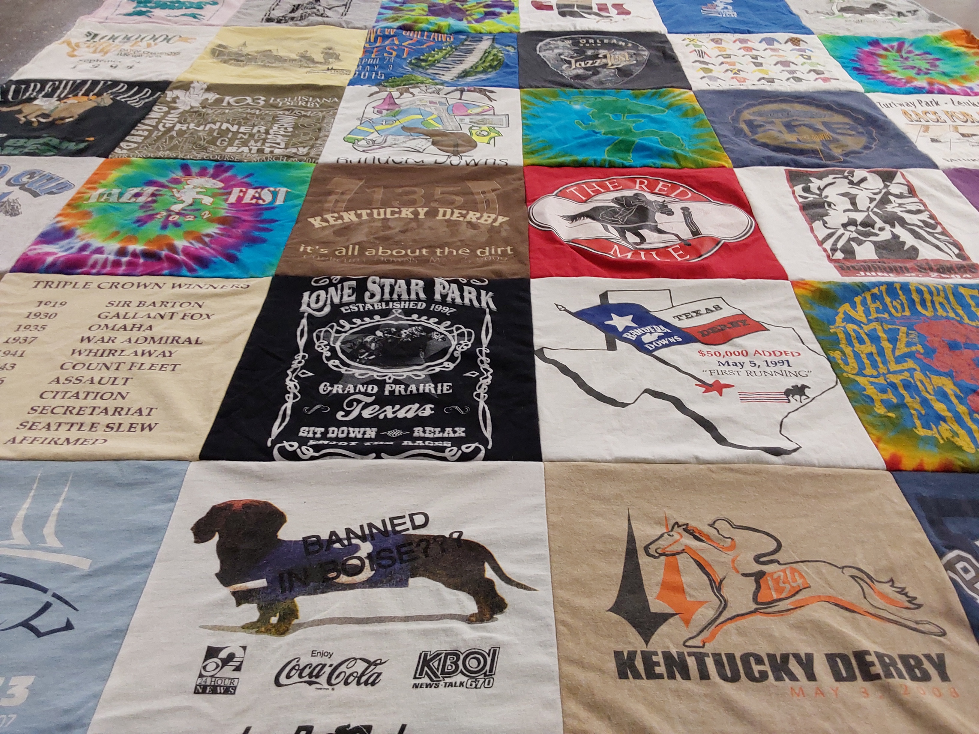 T-shirt quilt with horse racing, jazz festivals themes by Ron from ID