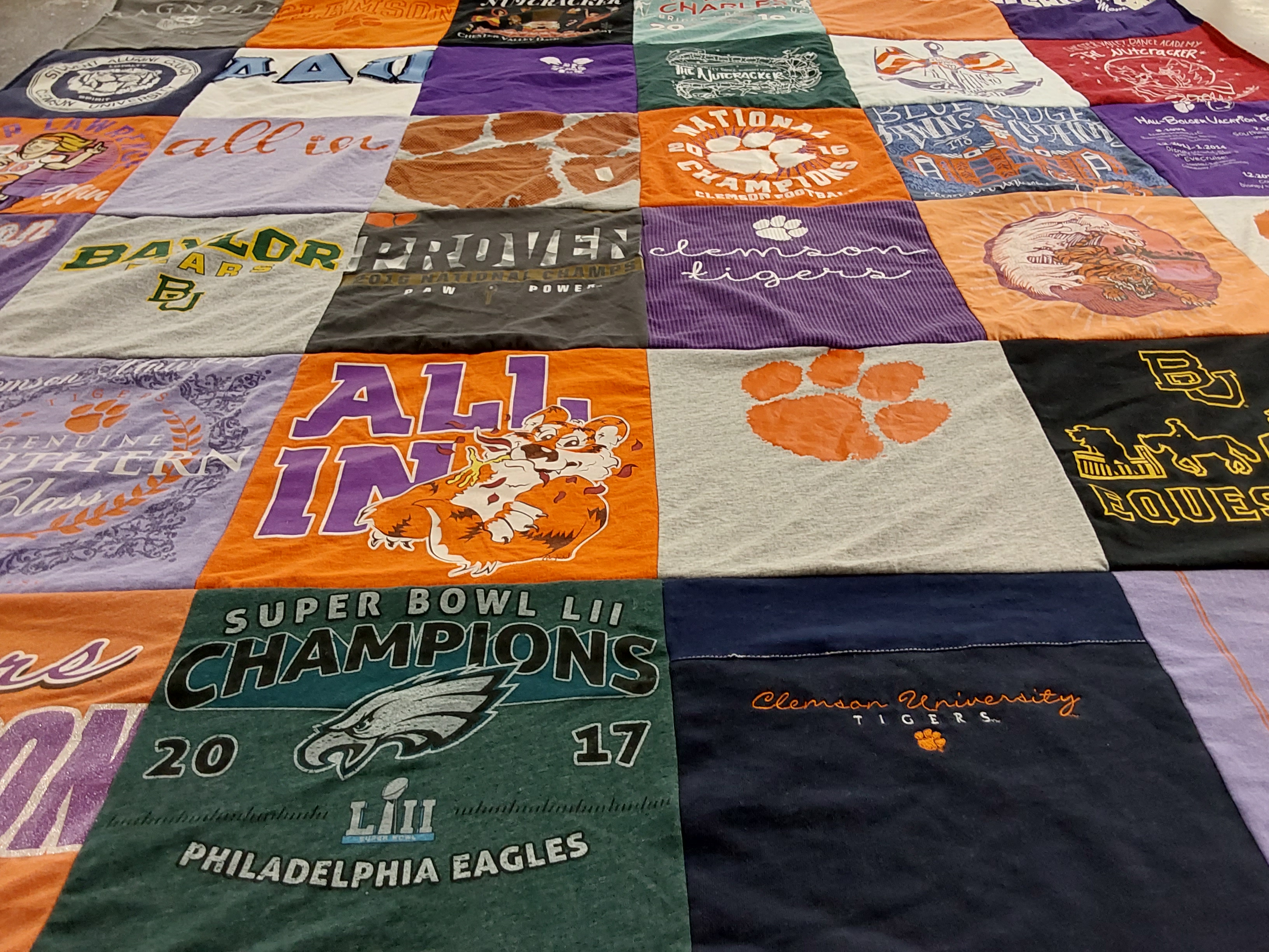 T-shirt quilt featuring clemson university tigers, baylor university bears by Susan from PA