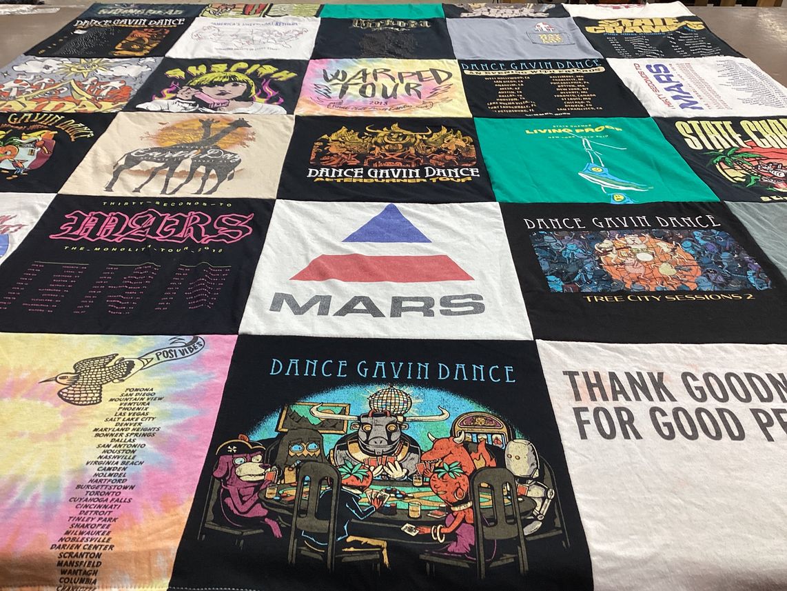 T-shirt quilt with music, concerts themes by Andrea from NJ