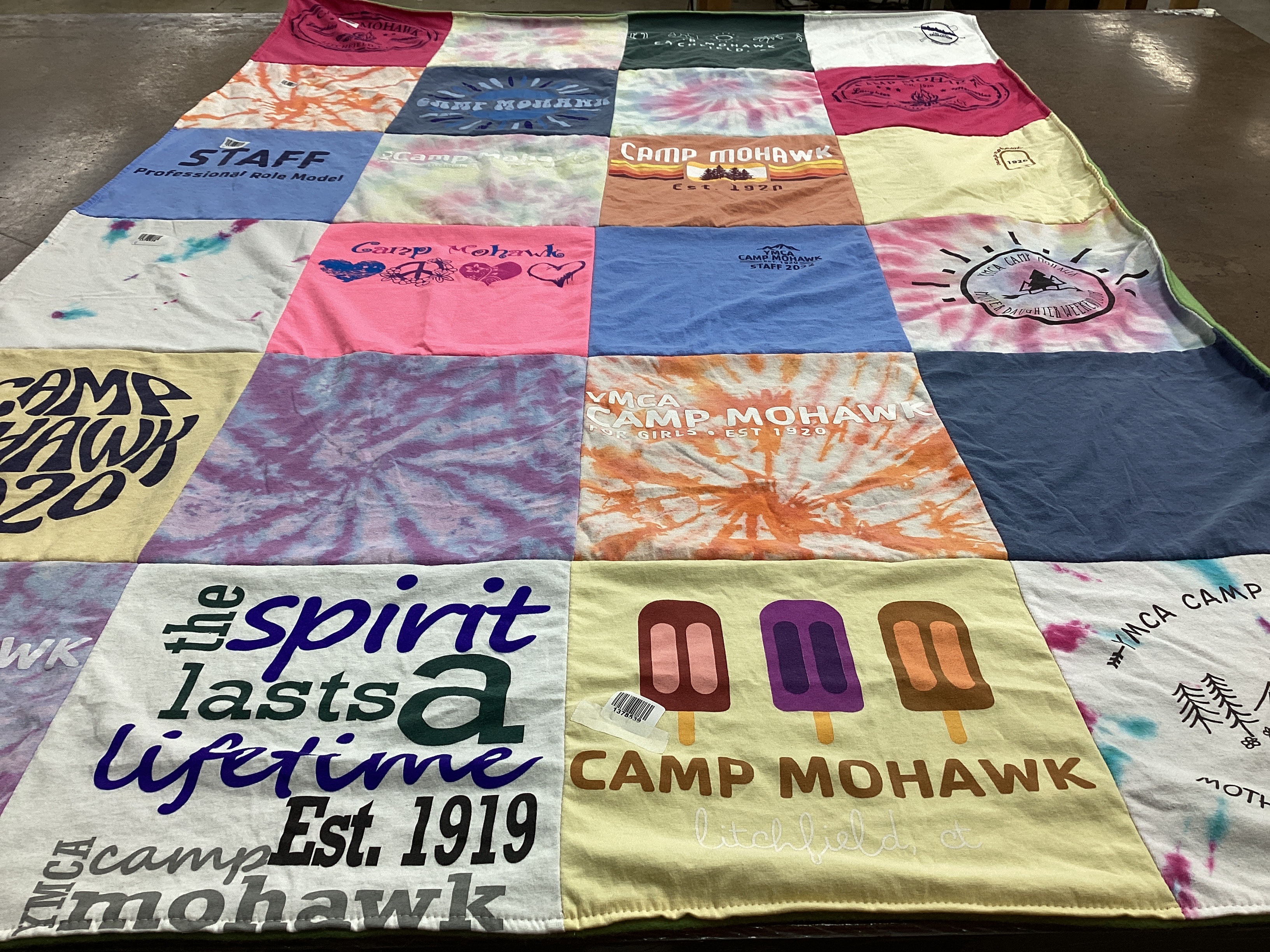 T-shirt quilt with camping, outdoor activities themes by Sarah from NH