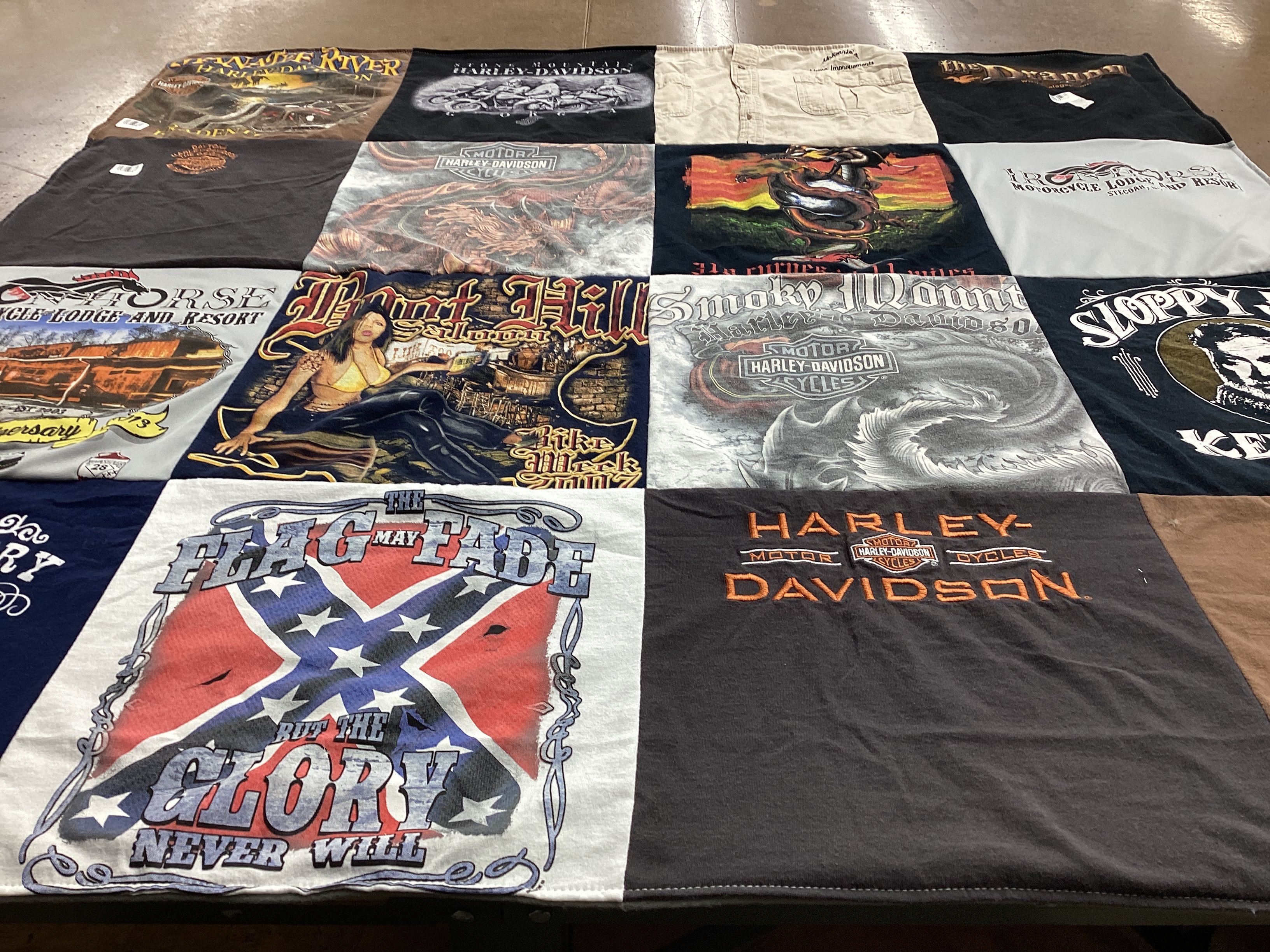 T-shirt quilt with motorcycles, biking themes by Judy from FL