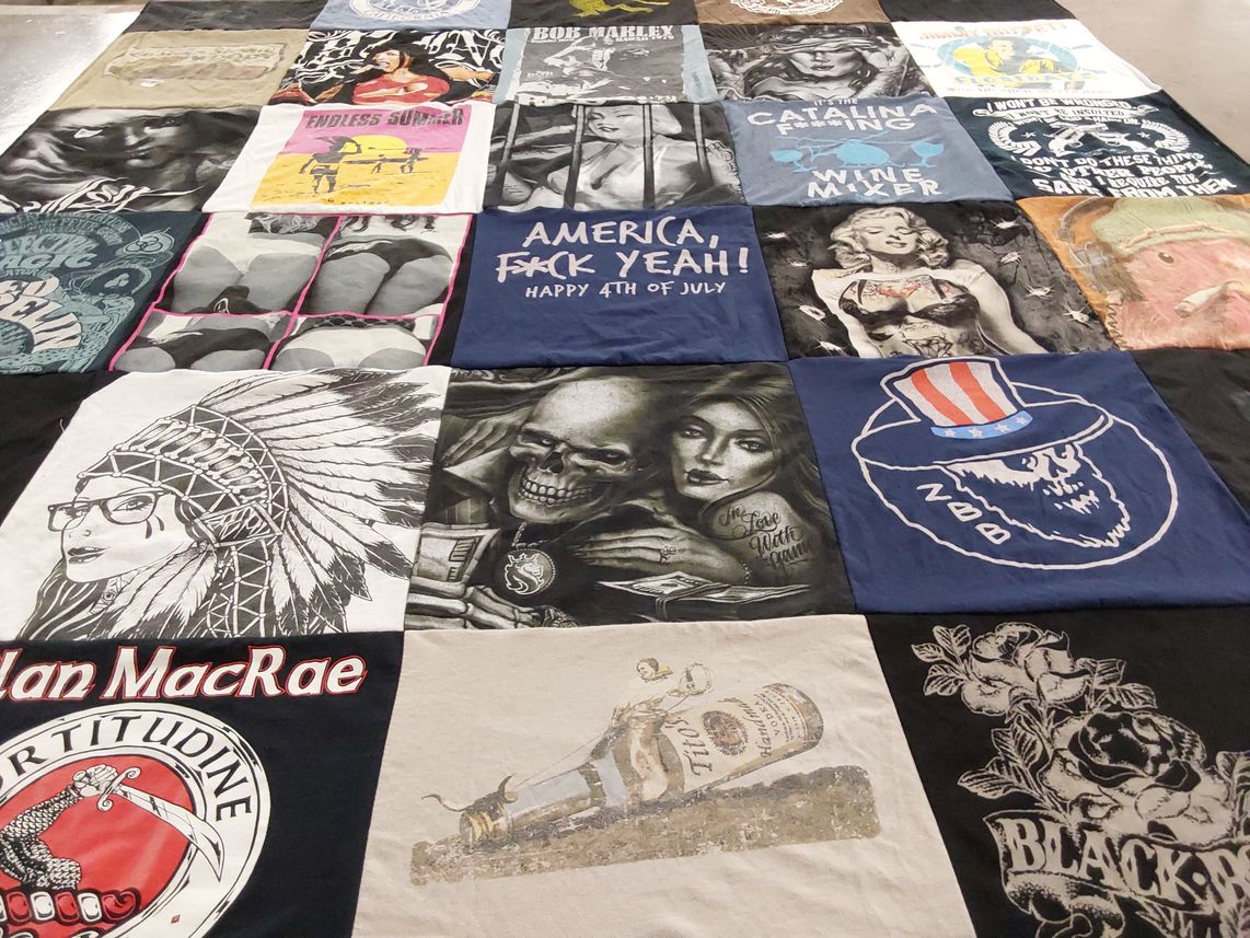 T-shirt quilt with art, tattoos themes by Raymond from CA