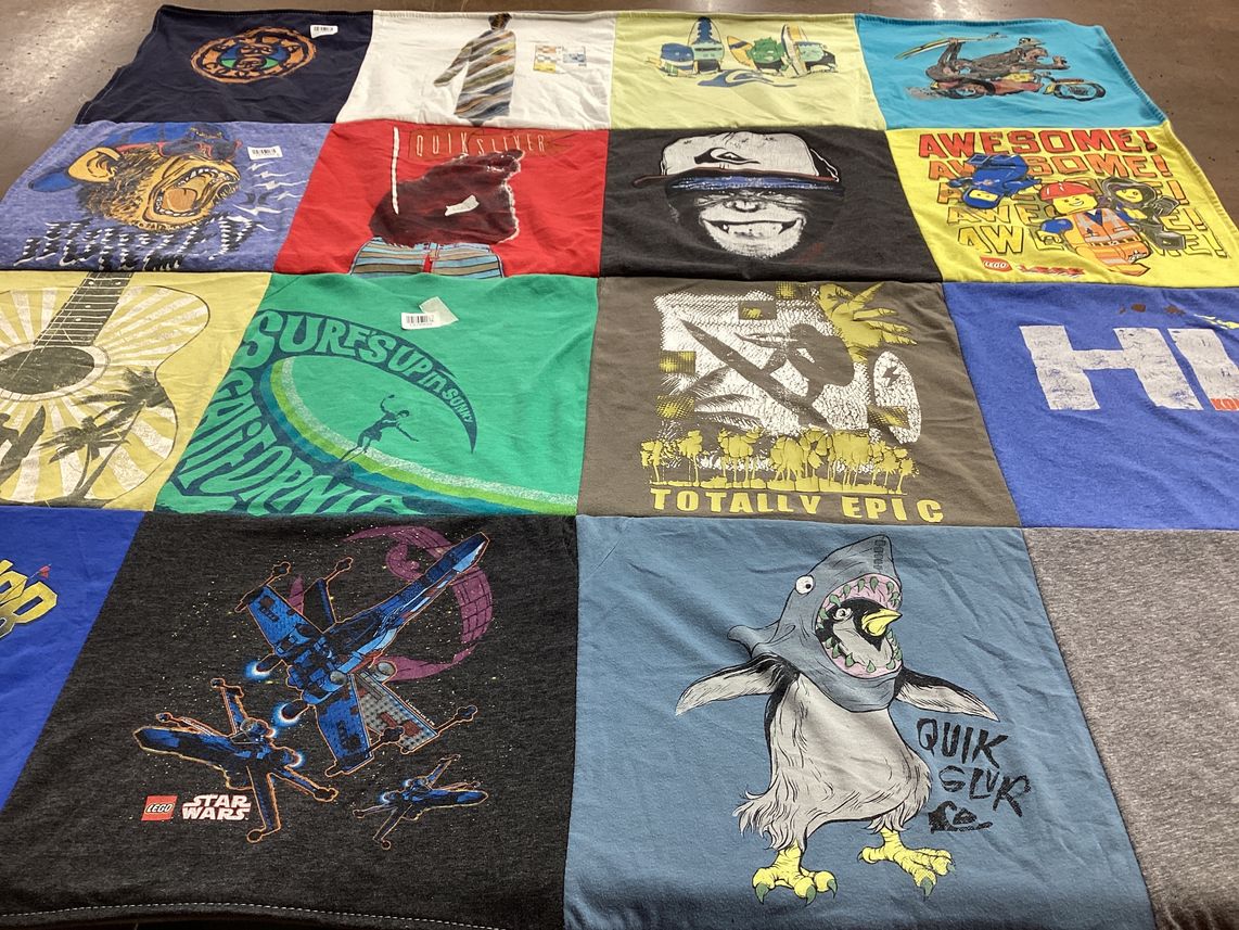 T-shirt quilt with surfing, lego themes by Maggie from CA