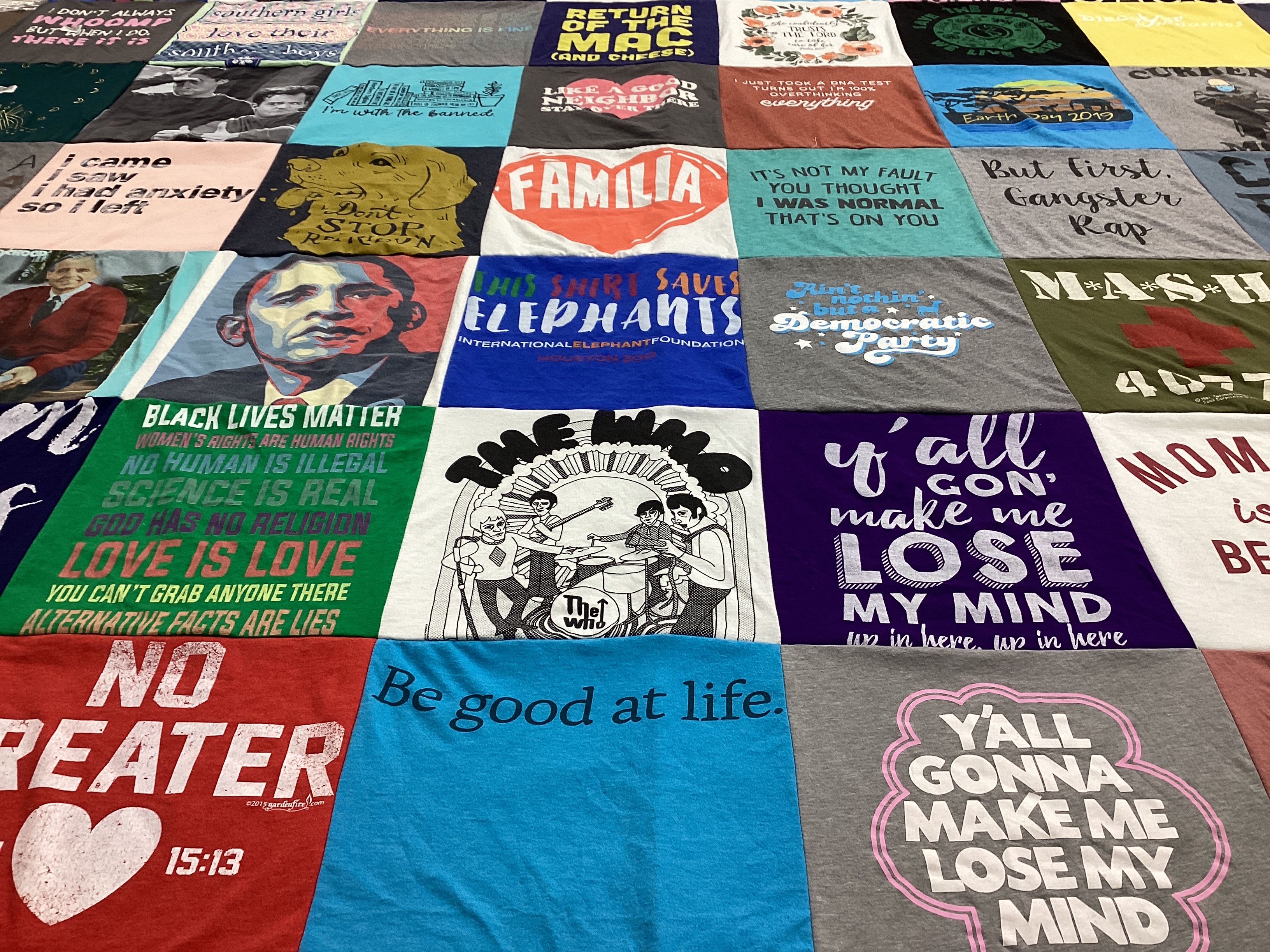 T-shirt quilt with social justice, mental health themes by Michelle from TX