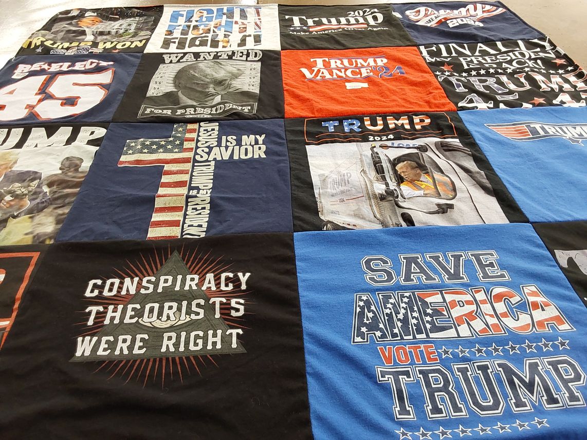 T-shirt quilt with politics, conservative values themes by Lorie from CA
