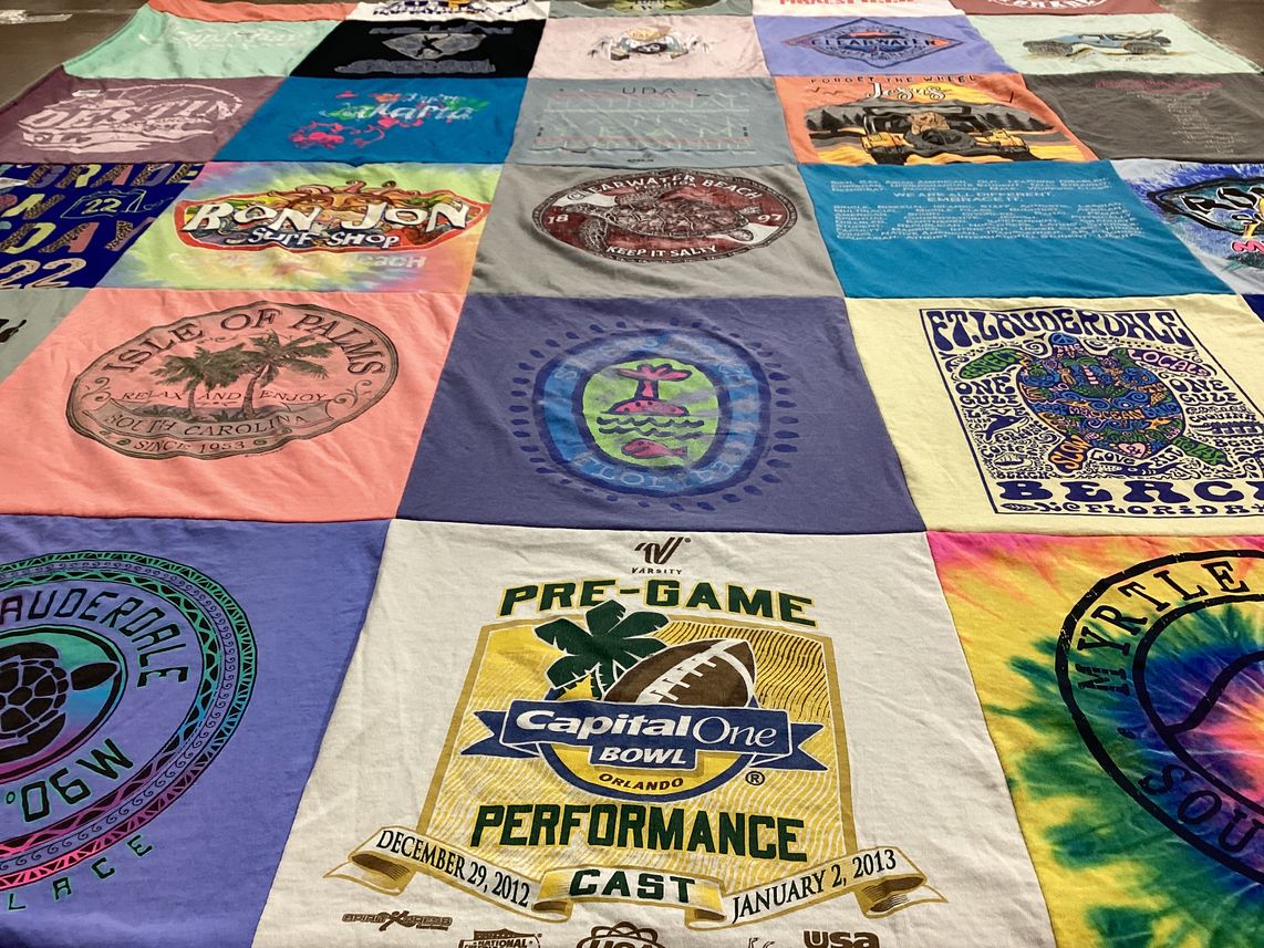 T-shirt quilt with beach, vacation themes by Katherine from IL