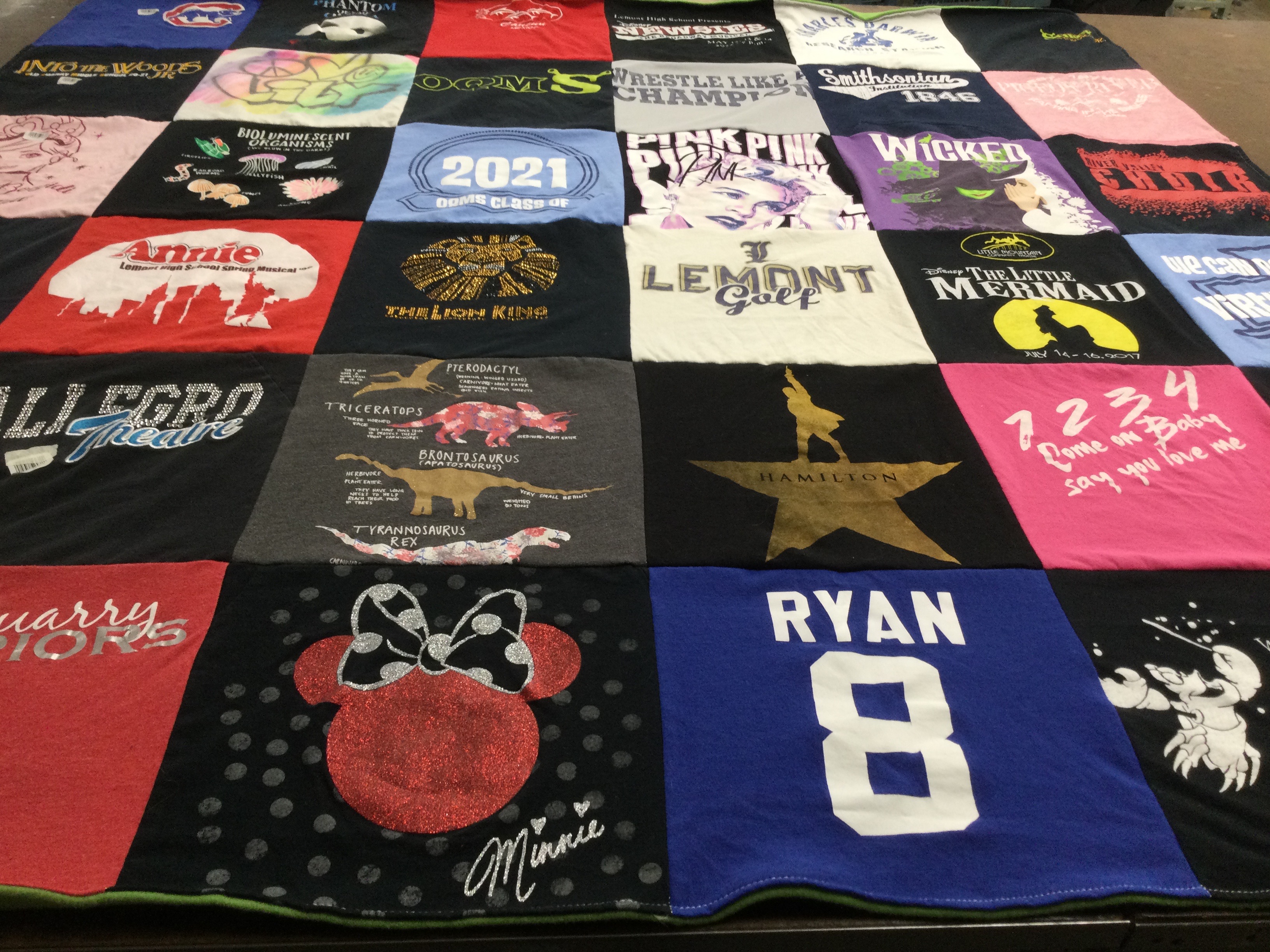T-shirt quilt with theater, musicals themes by Laura from IL
