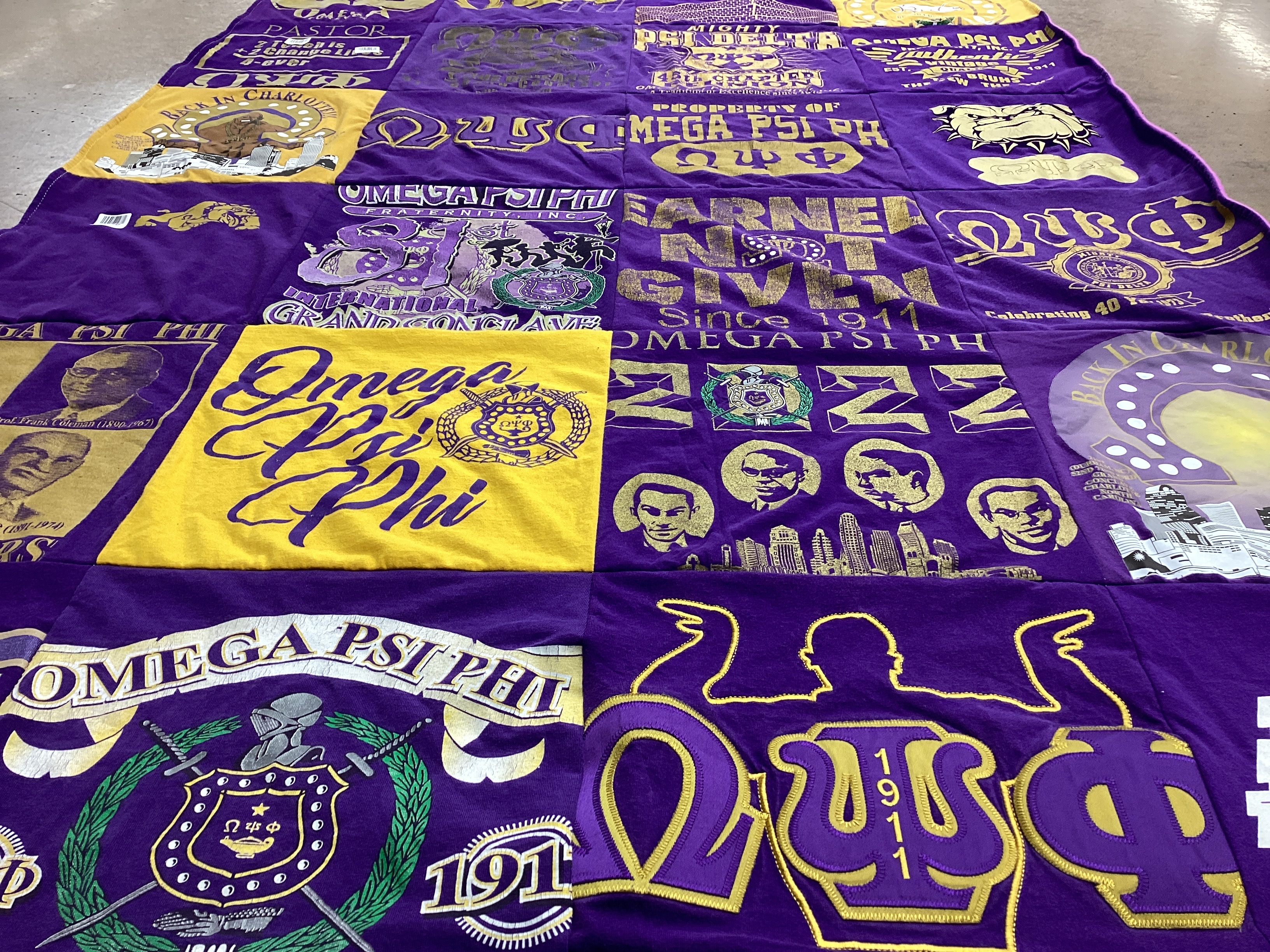 T-shirt quilt with fraternity life, community service themes by Scottie from NC
