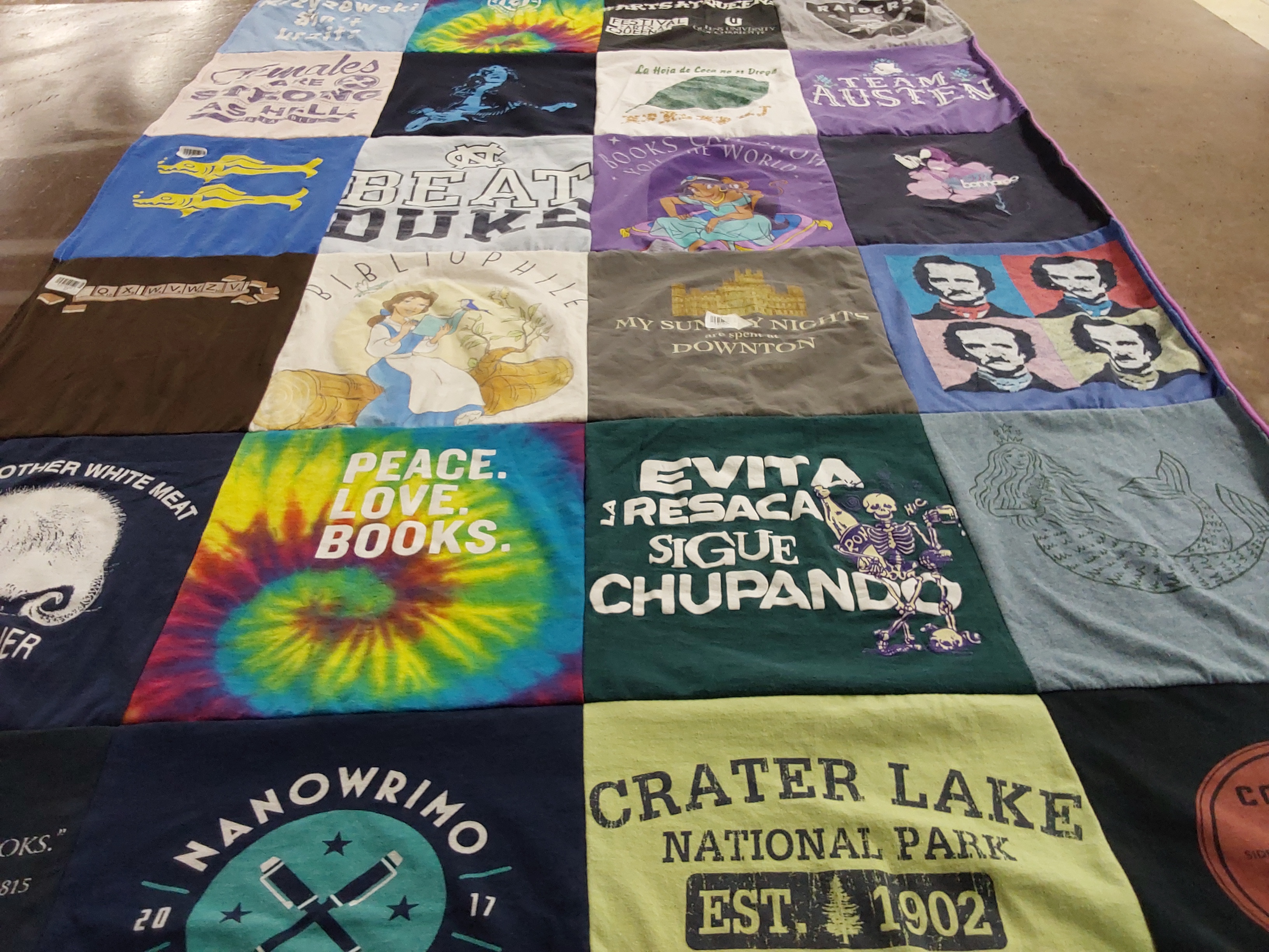 T-shirt quilt with reading, literature themes by Amanda from NC