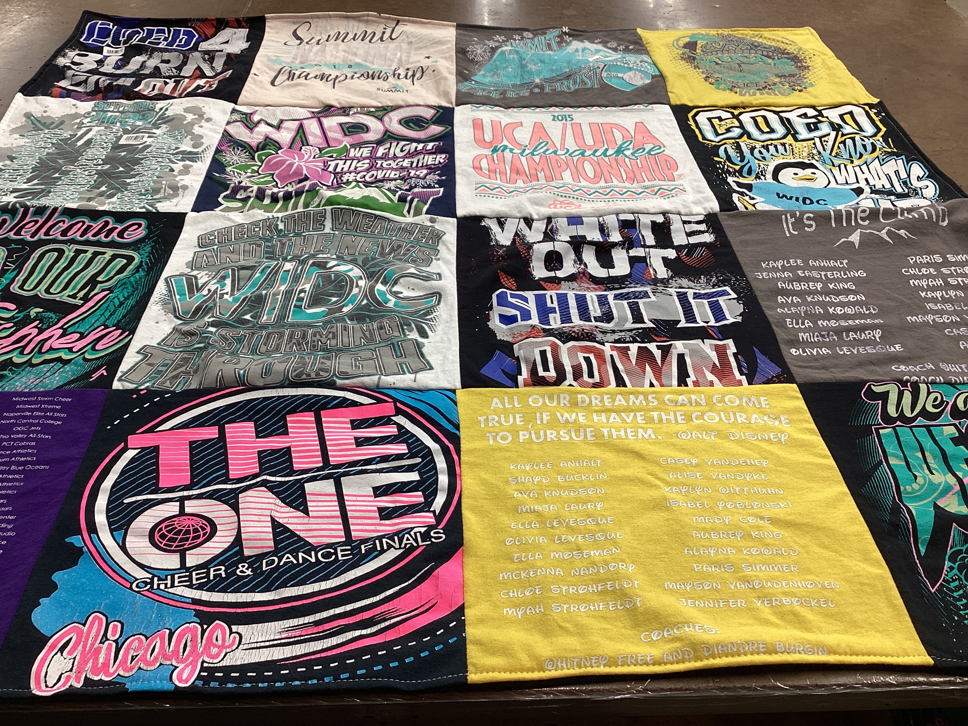 T-shirt quilt with cheerleading, dance themes by Kelly from WI