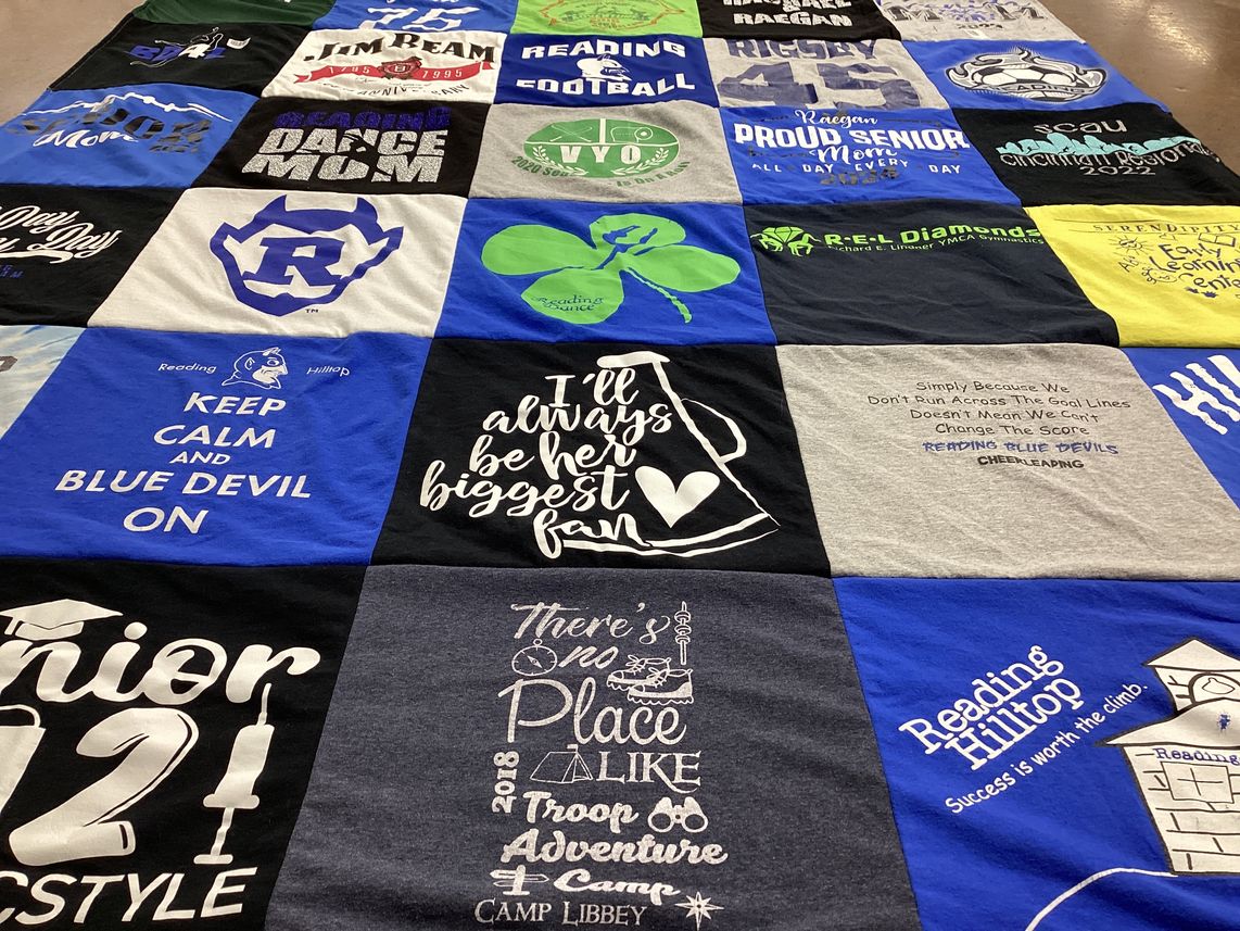T-shirt quilt featuring reading blue devils cheerleading by Jenny from OH