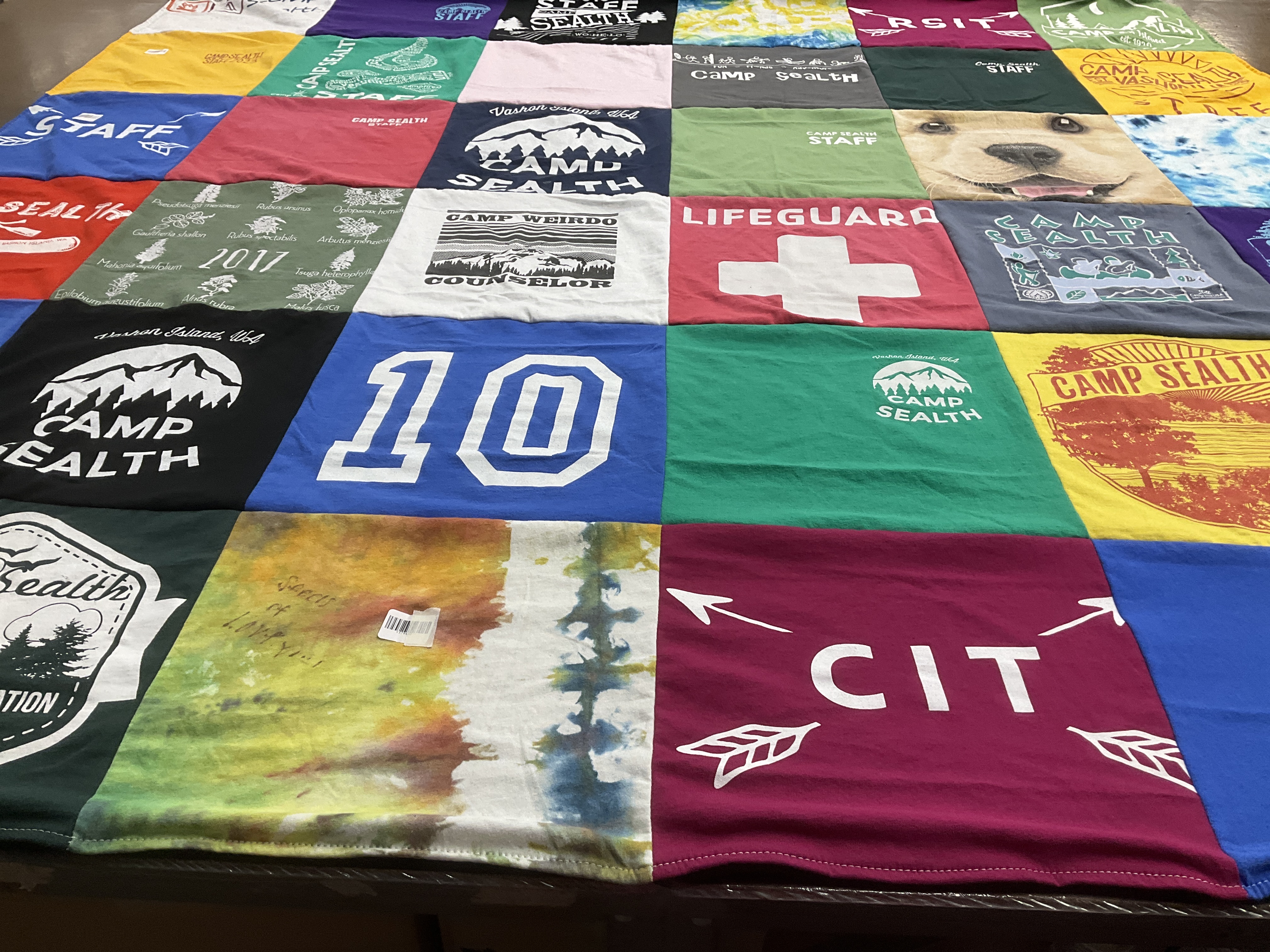 T-shirt quilt with camping, outdoor activities themes by Riley from WA