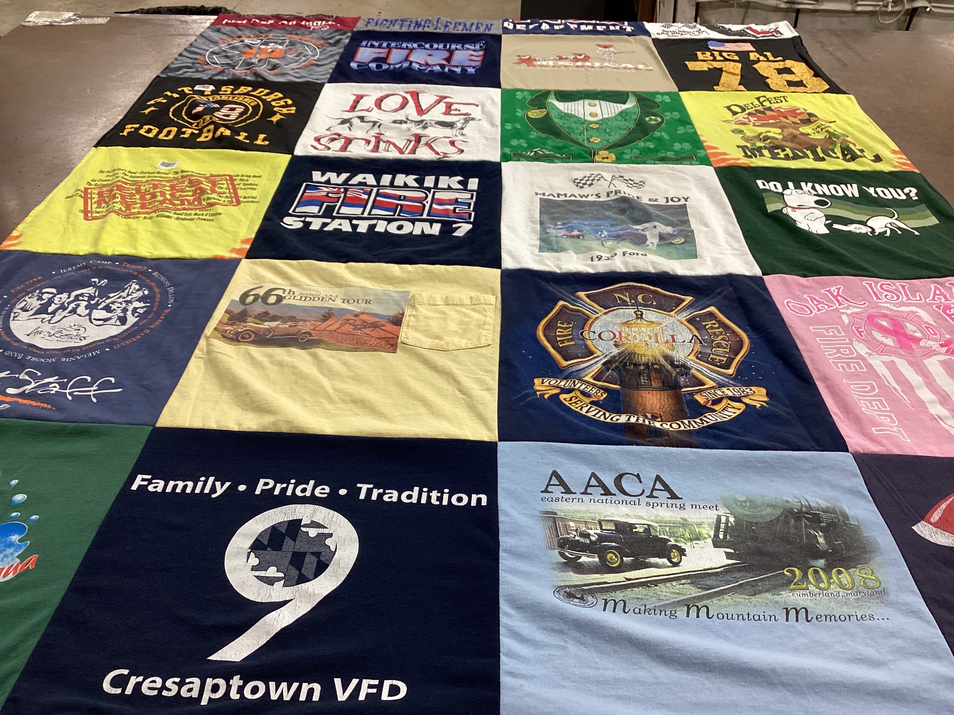T-shirt quilt with firefighting, family themes by Deana from MD