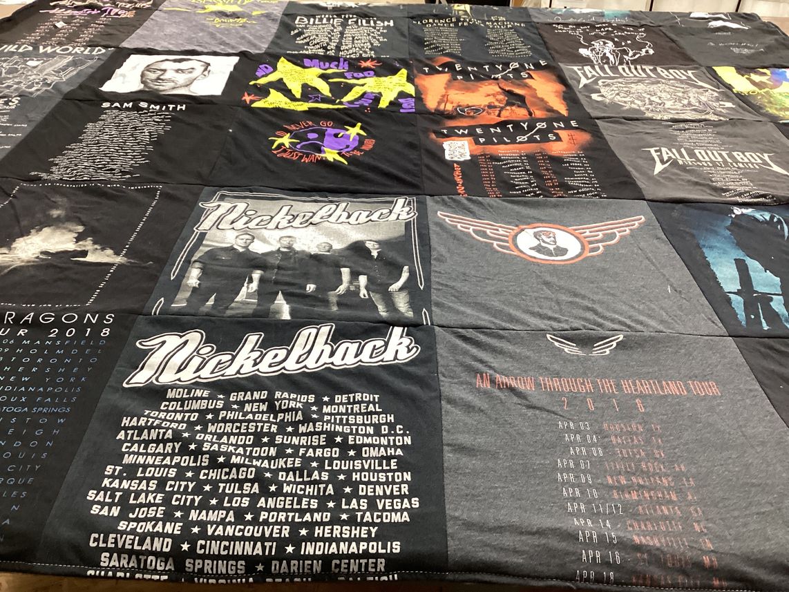 T-shirt quilt with music, concerts themes by Taylor from OK