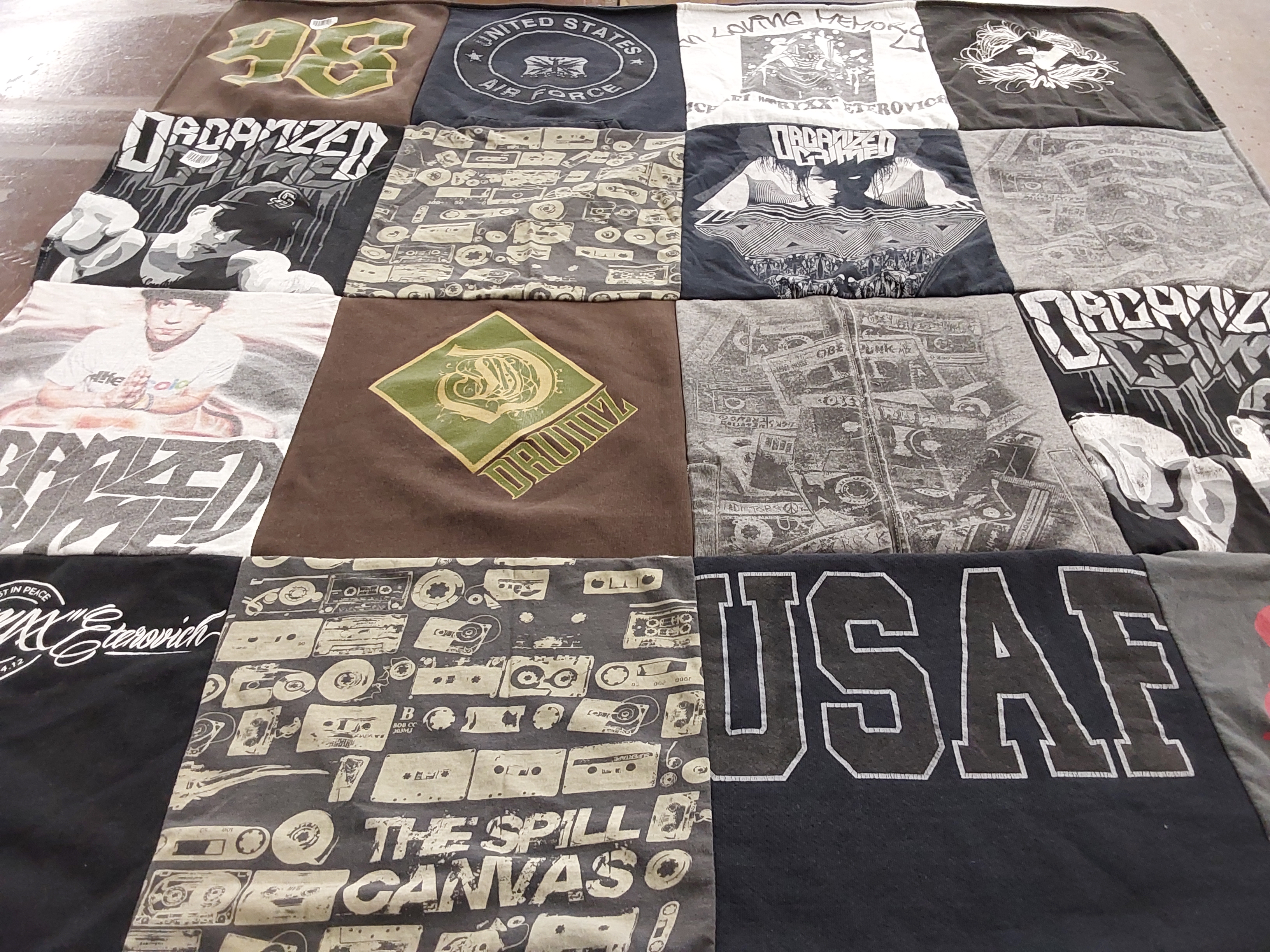 T-shirt quilt with music, military themes by Lynnette from CA