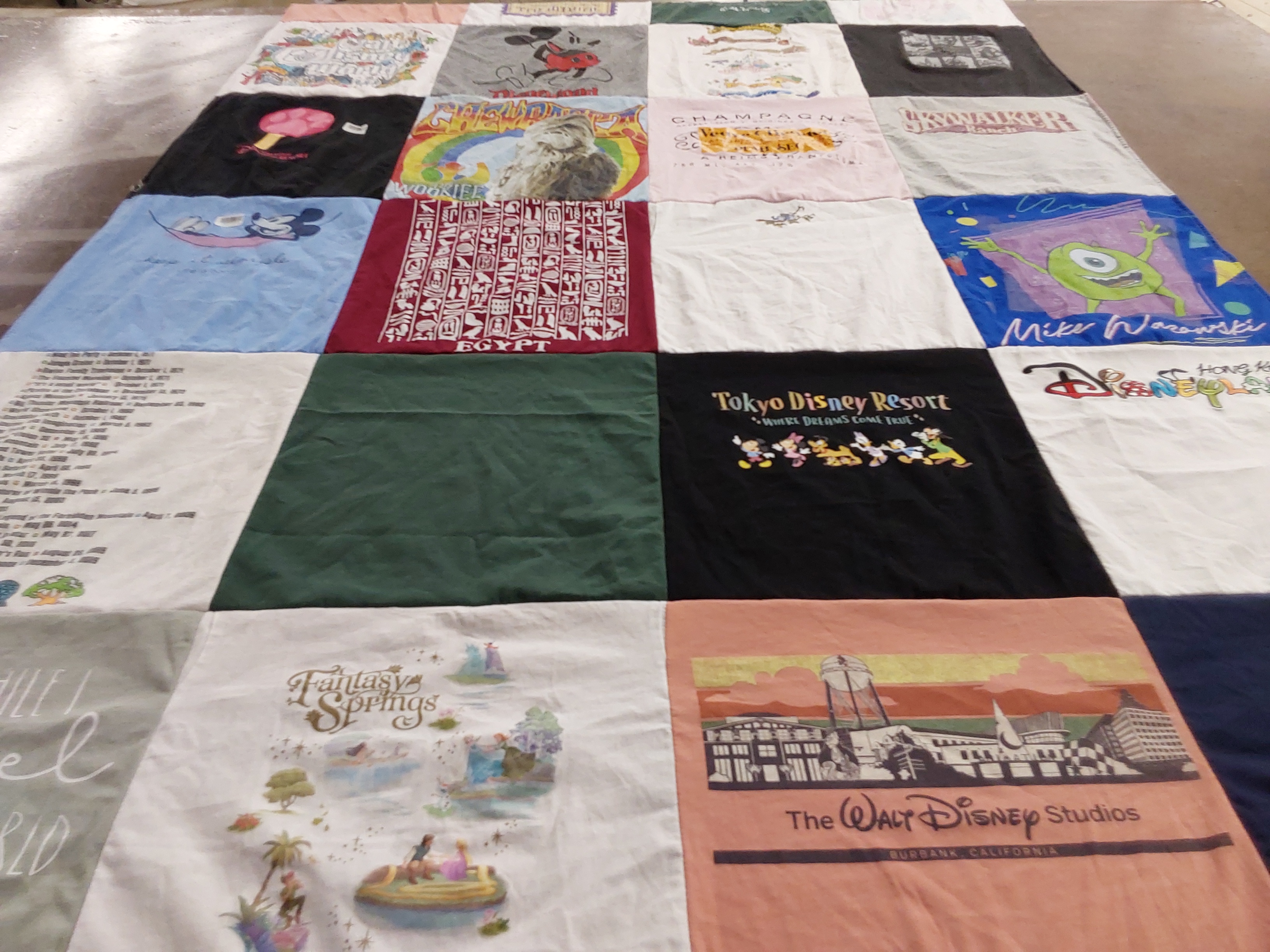 T-shirt quilt with disney, amusement parks themes by Debra from GA